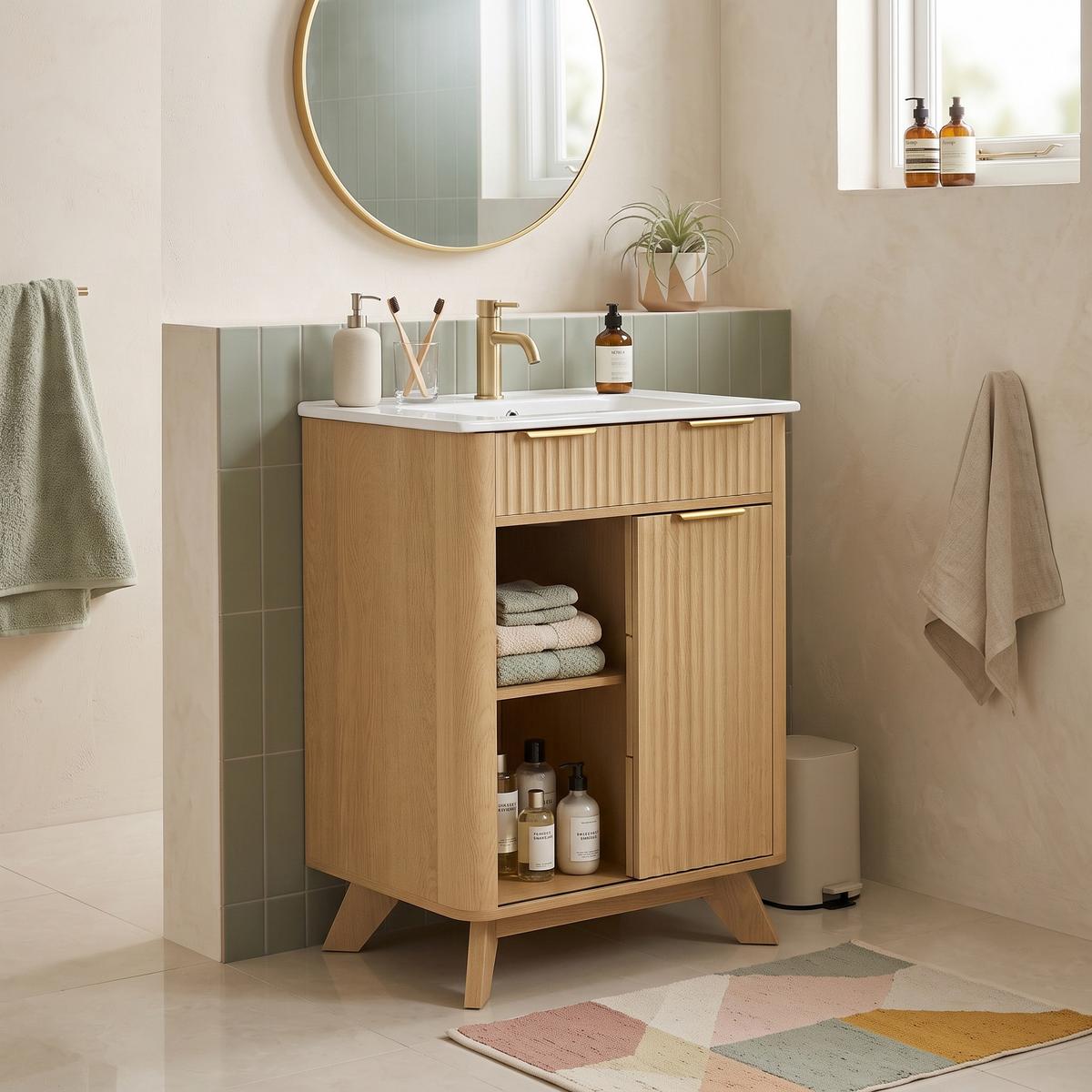 WASCHTISCHUNTERSCHRANK Holzoptik mit Wellenmuster, Schiebetür & 3 Schubladen - Naturfarben, Holzwerkstoff (61/90/47cm) - Urban Meuble