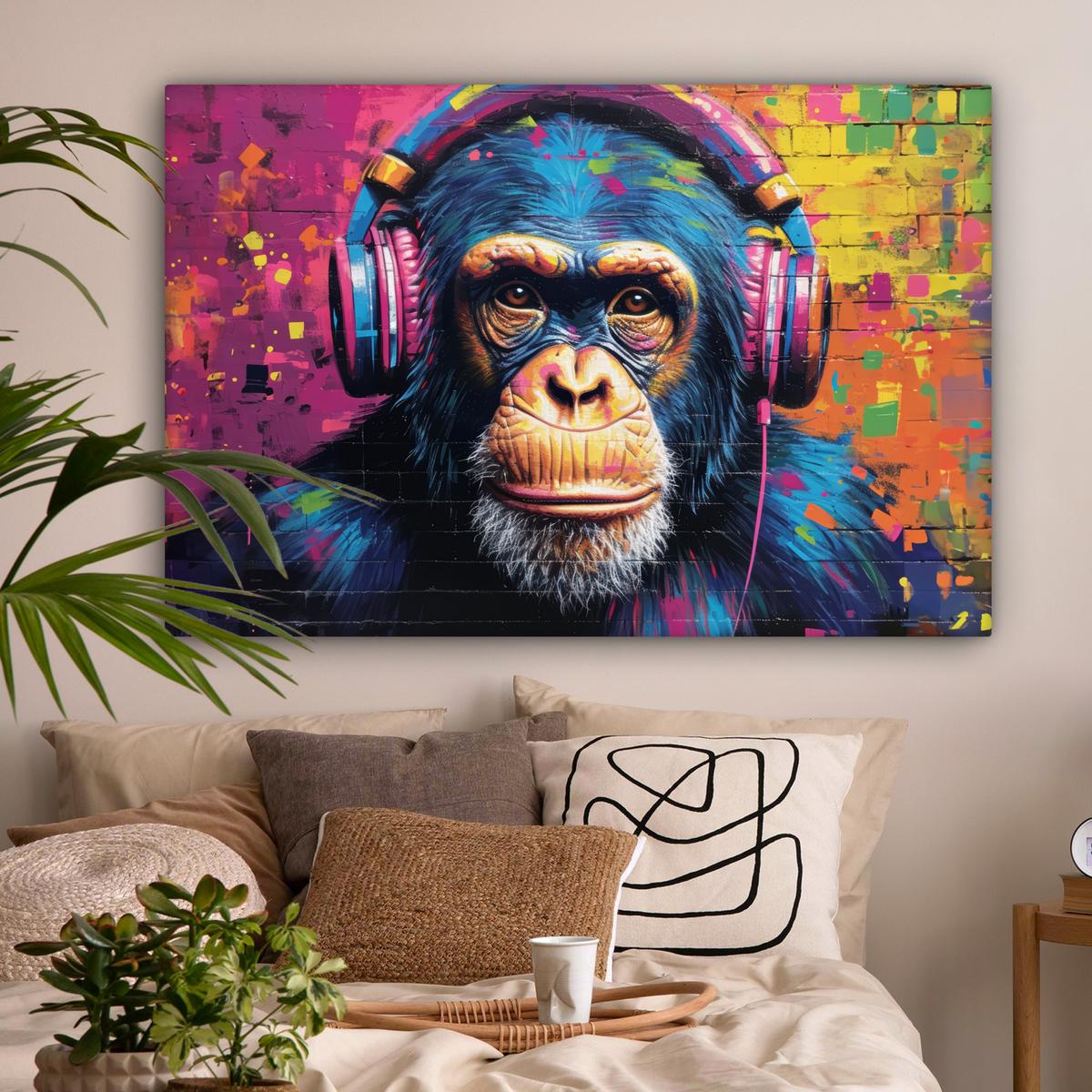 LEINWANDBILD Graffiti - Schimpanse - Straßenkunst - Kopfhörer - Affe Wohnzimmer Groß 120x80 cm - Blau, Textil (120/80cm) - MuchoWow