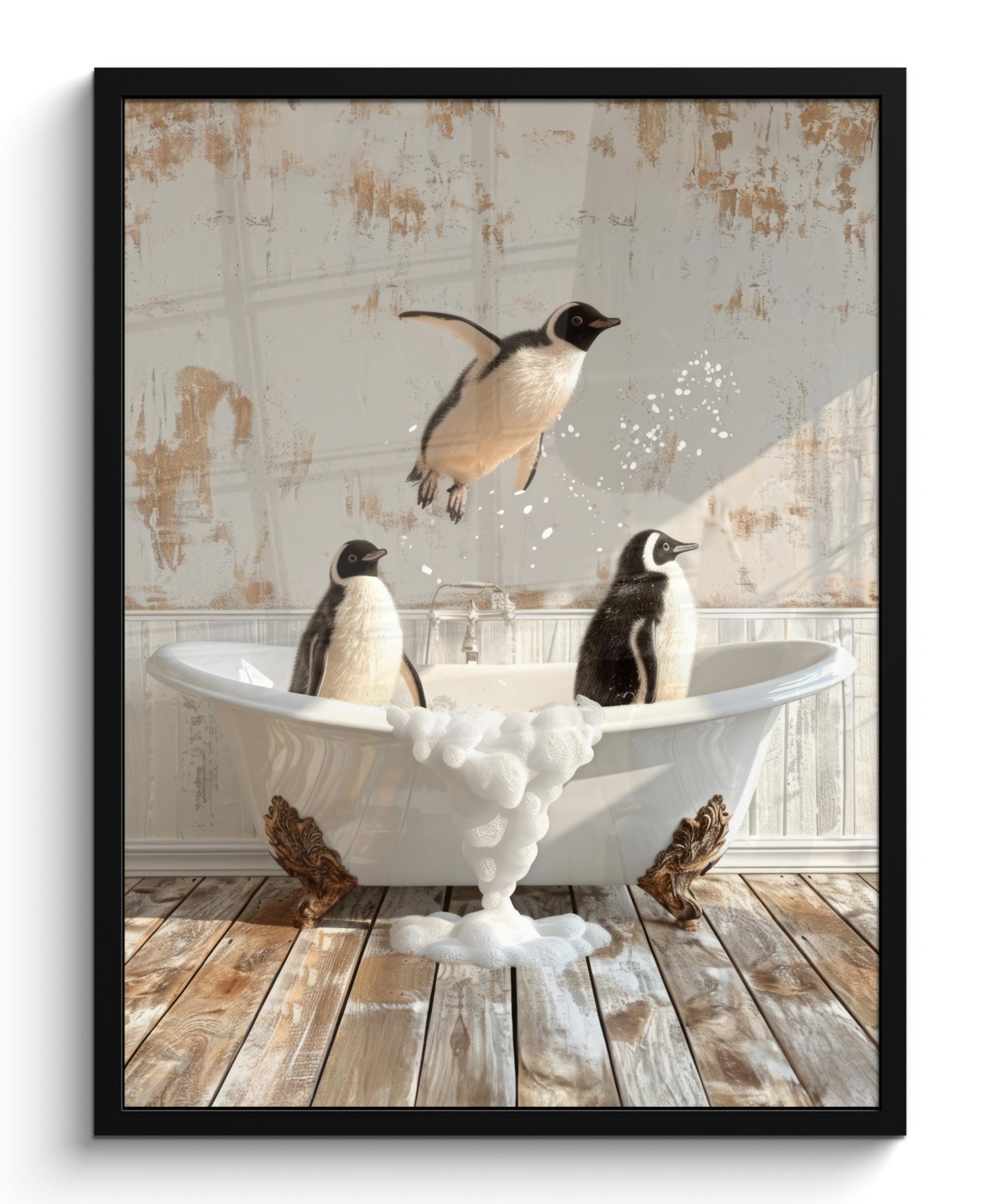 POSTER MIT RAHMEN Vintage - Pinguin - Badewanne - Schaumstoff Posterleiste 60x80 cm - Schwarz, Papier (60/80cm) - MuchoWow