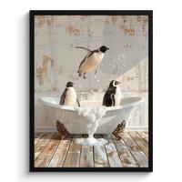 POSTER MIT RAHMEN Vintage - Pinguin - Badewanne - Schaumstoff Posterleiste 60x80 cm - Schwarz, Papier (60/80cm) - MuchoWow