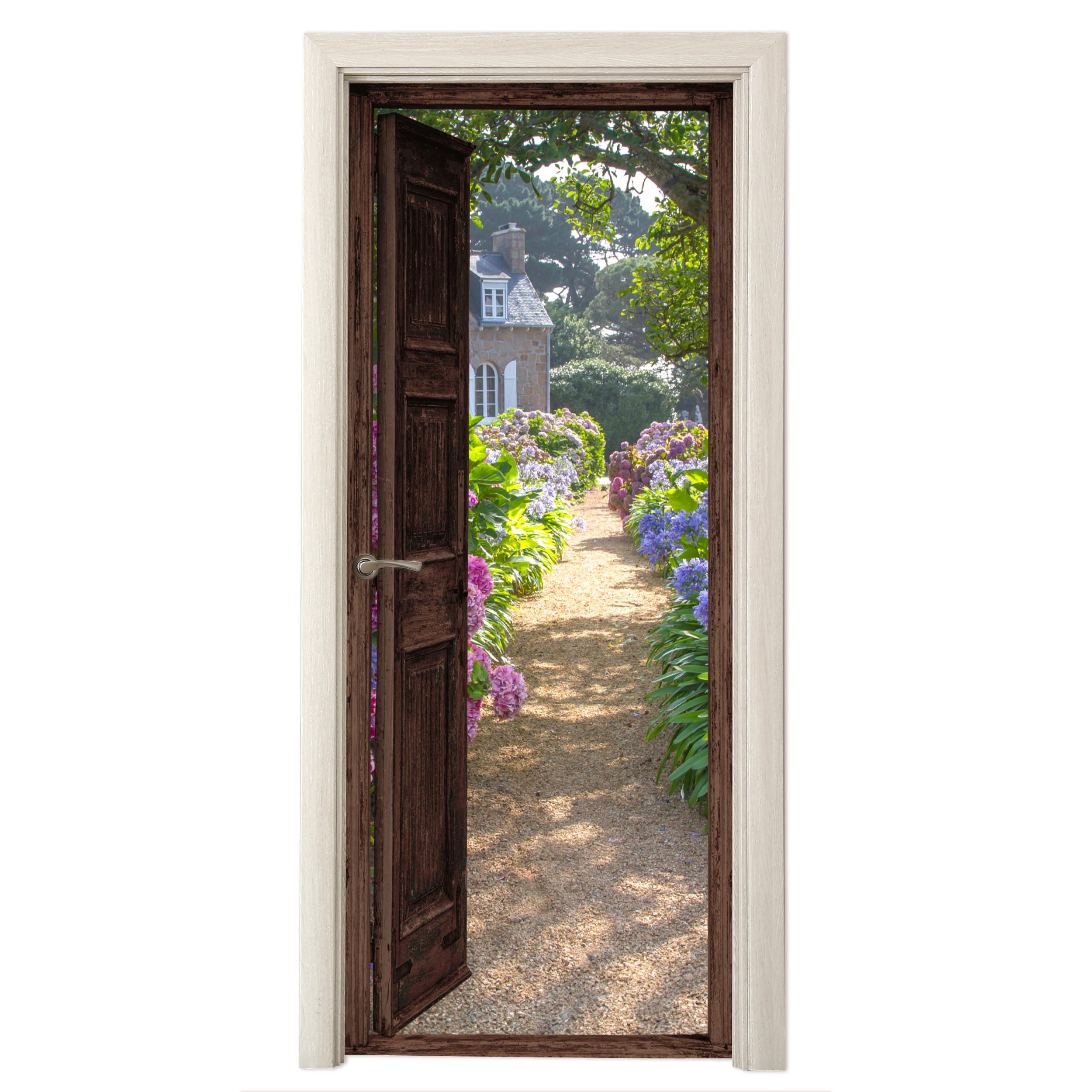 TÜRAUFKLEBER Ansicht - Hortensie - Tür - Blumen - Natur 90x235 cm - Türtapete - Beige, Kunststoff (90/0.1cm) - MuchoWow