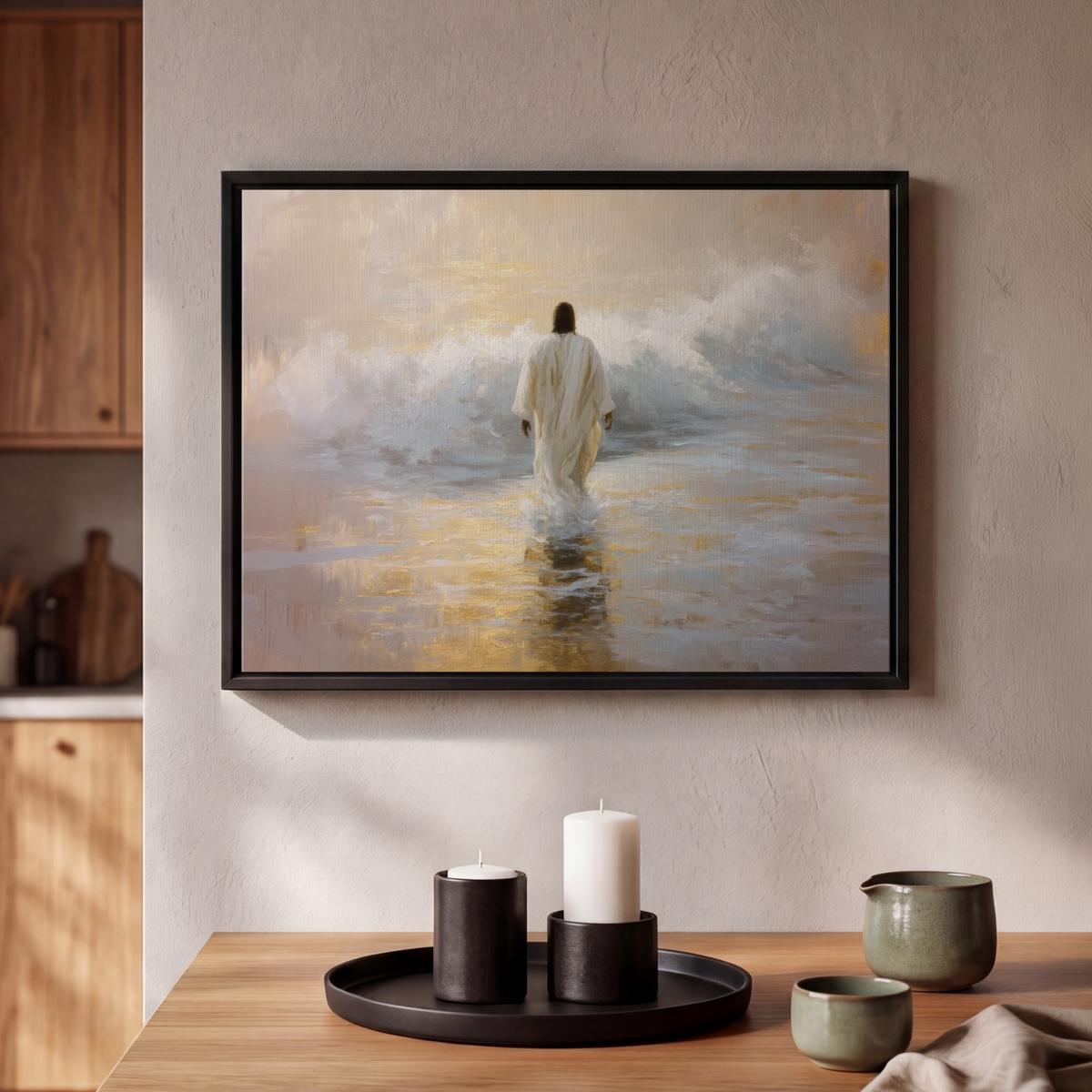 LEINWAND Bilder mit Rahmen - Gemälde - Welle - Jesus - Abstrakt - 40x30 - Goldfarben, Textil (40/30cm) - MuchoWow