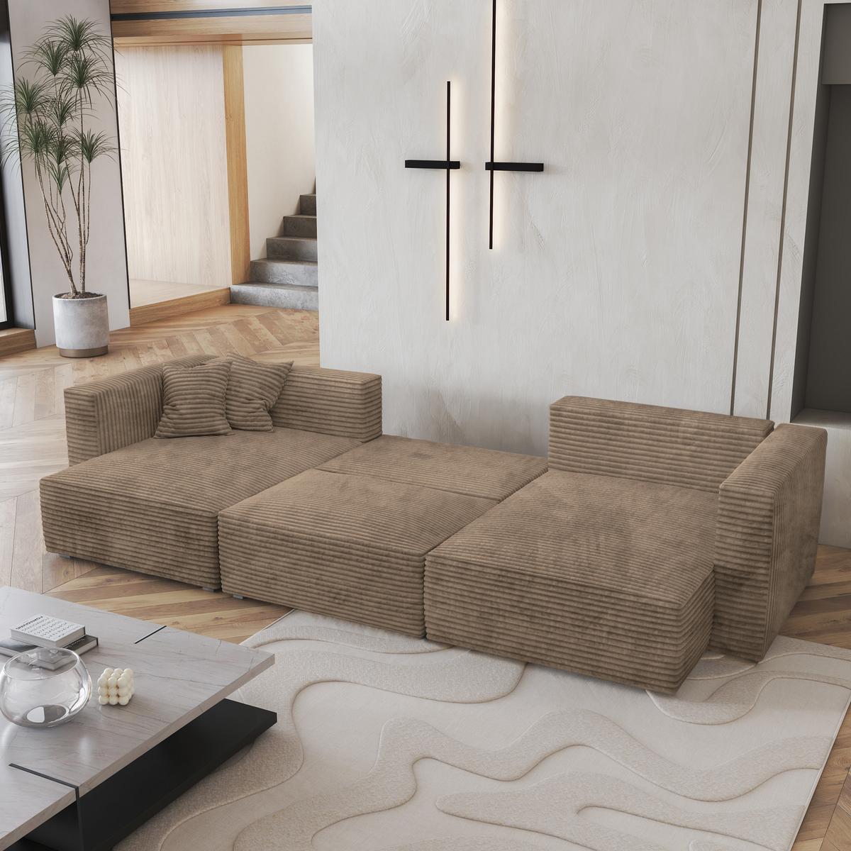 WOHNLANDSCHAFT SARMO Beige Kordstoff mit Schlaffunktion - Beige/Grau, Holz/Kunststoff (347/90/148cm) - MASSENO