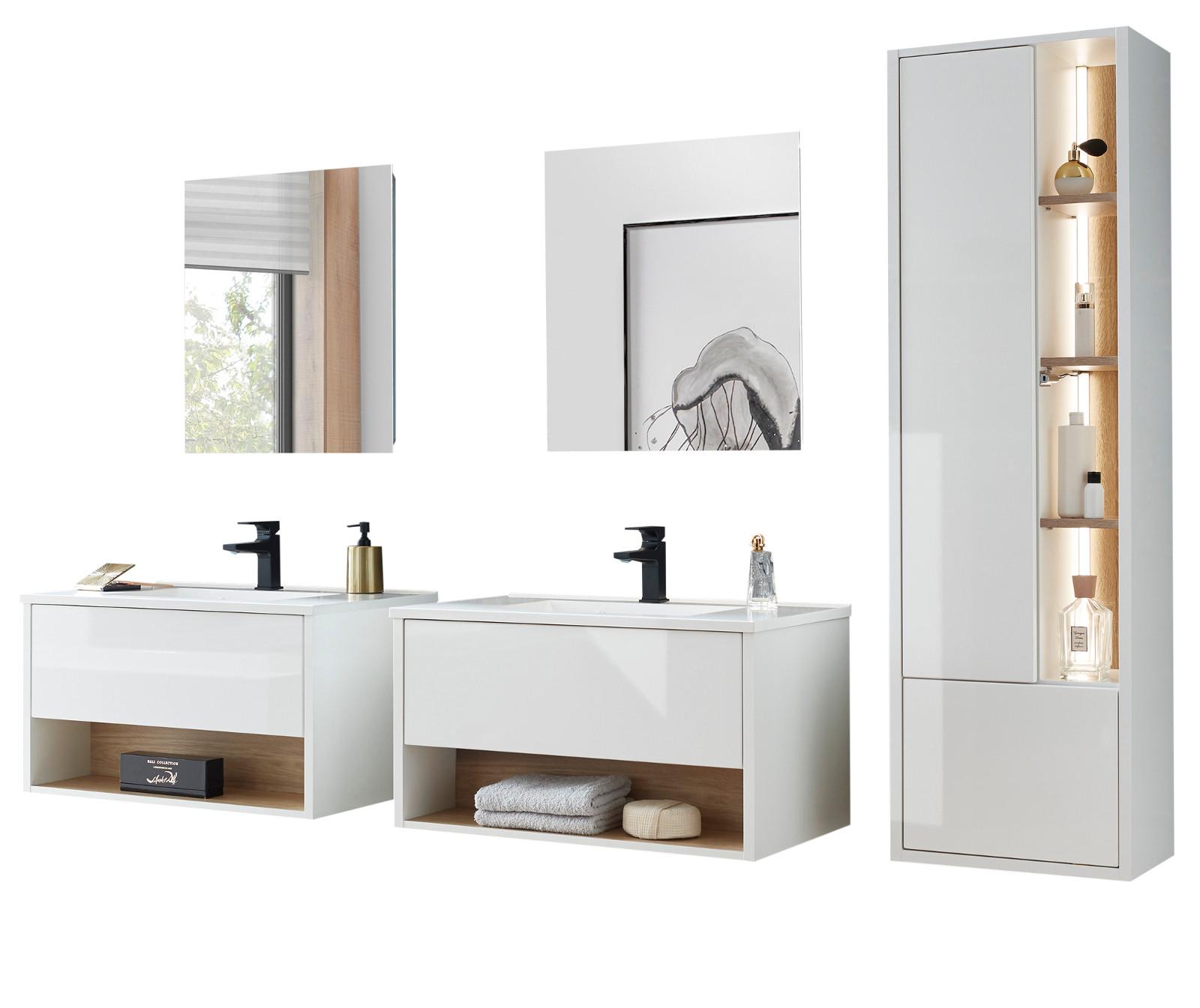 BADMÖBEL Set in weiß Hochglanz und Eiche mit Waschbecken und LED Beleuchtung 225 x 190 cm Glide - Weiß Hochglanz, Glas/Holzwerkstoff (225/190/47cm) - Furn.Design