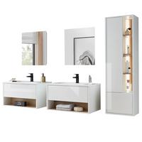 BADMÖBEL Set in weiß Hochglanz und Eiche mit Waschbecken und LED Beleuchtung 225 x 190 cm Glide - Weiß Hochglanz, Glas/Holzwerkstoff (225/190/47cm) - Furn.Design