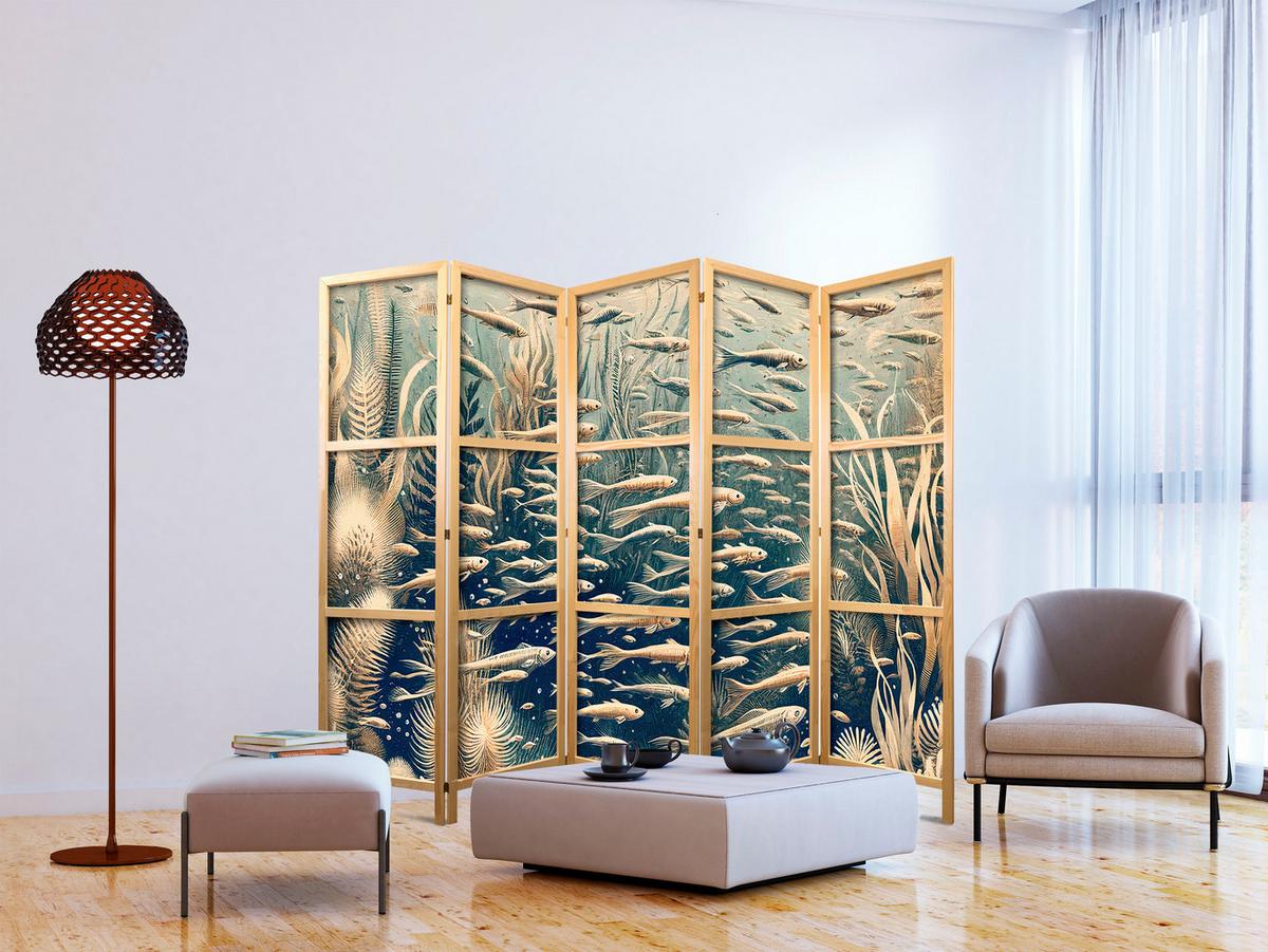 PARAVENT Japanischer 5-tlg 225x172 cm Retro Fische Pflanzen - Blau, Holz/Textil (225/172/3cm) - Muralo