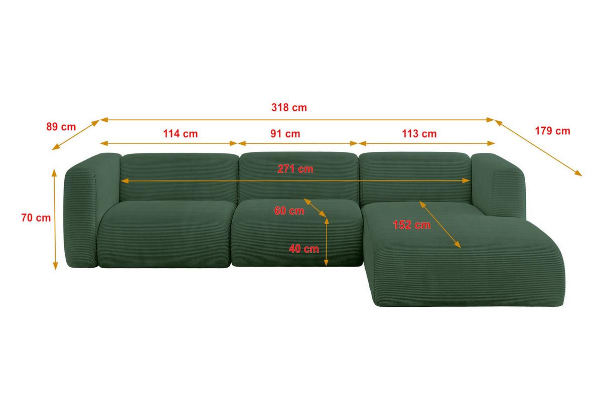 ECKSOFA Ottomane Rechts MIRA-L2 318x179x89 Grün Cord - Salbeigrün/Schwarz, Holzwerkstoff/Kunststoff (318/179cm) - ALTDECOR