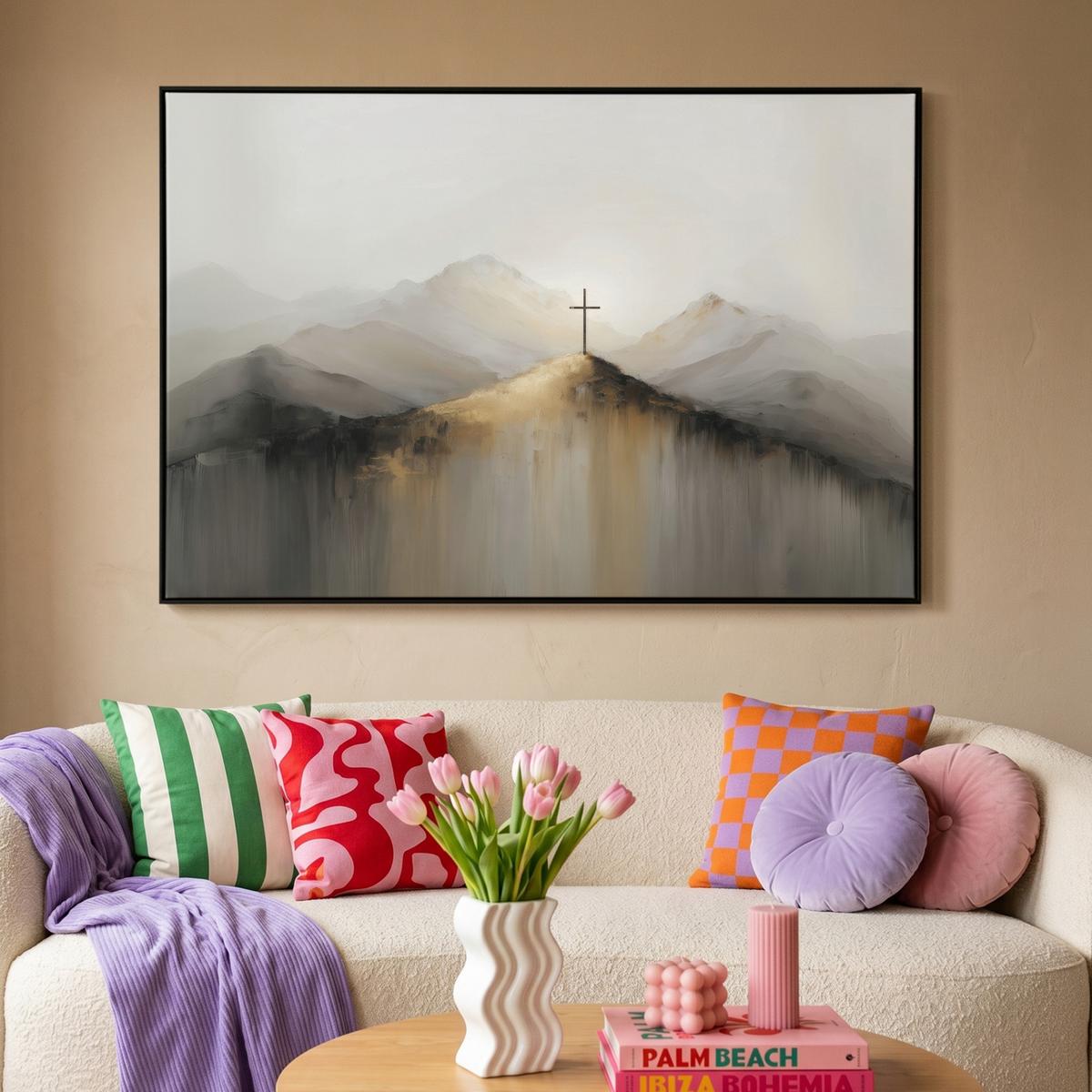 LEINWAND Bilder mit Rahmen - Hügel - Abstrakt - Kreuz - Christentum - 150x100 - Beige, Textil (150/100cm) - MuchoWow