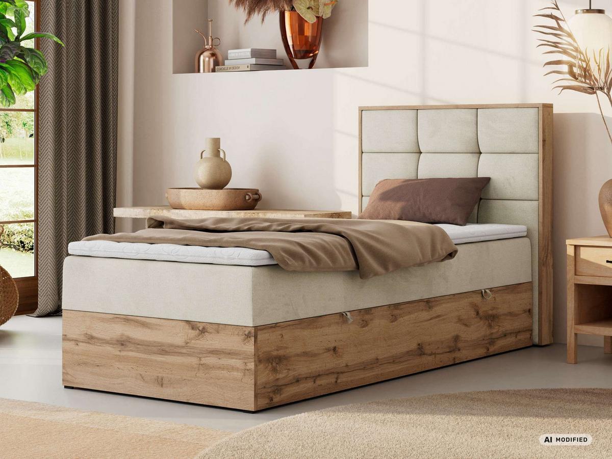 BOXBETT ALBERO 1 90/200 - Beige Velvet - Topper Visco - H3 - Rechts - Beige/Schwarz, Kunststoff/Textil (90/200cm) - MKS