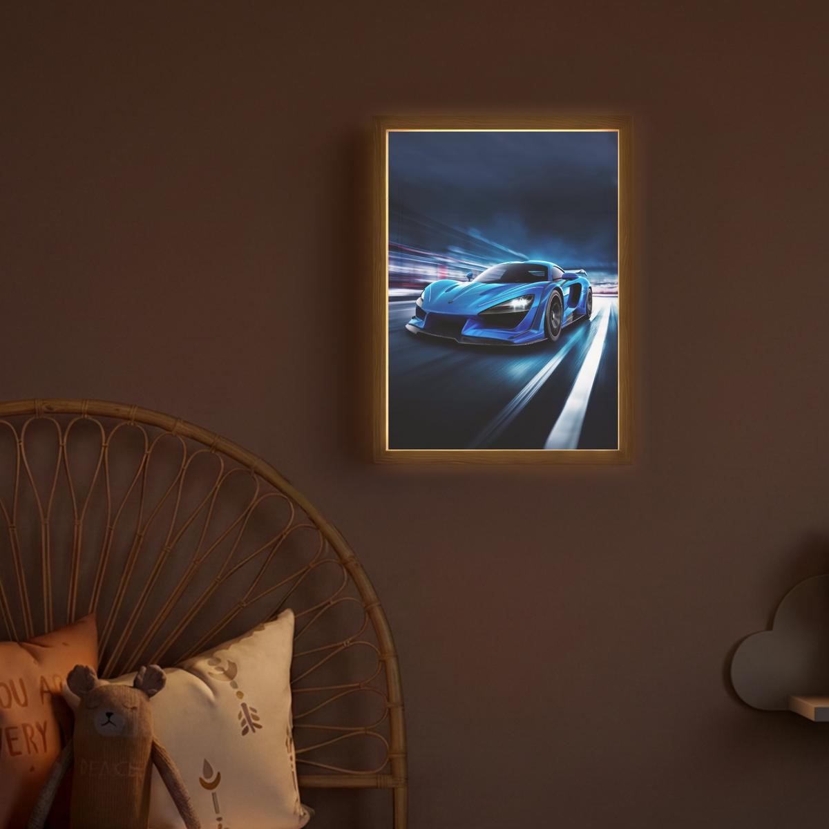 NACHTTISCHLAMPE MIT AKKU Auto - Blau - Jungen - Kind 30x40 cm - Blau, Holzwerkstoff (8/30/40cm) - OnlyWow