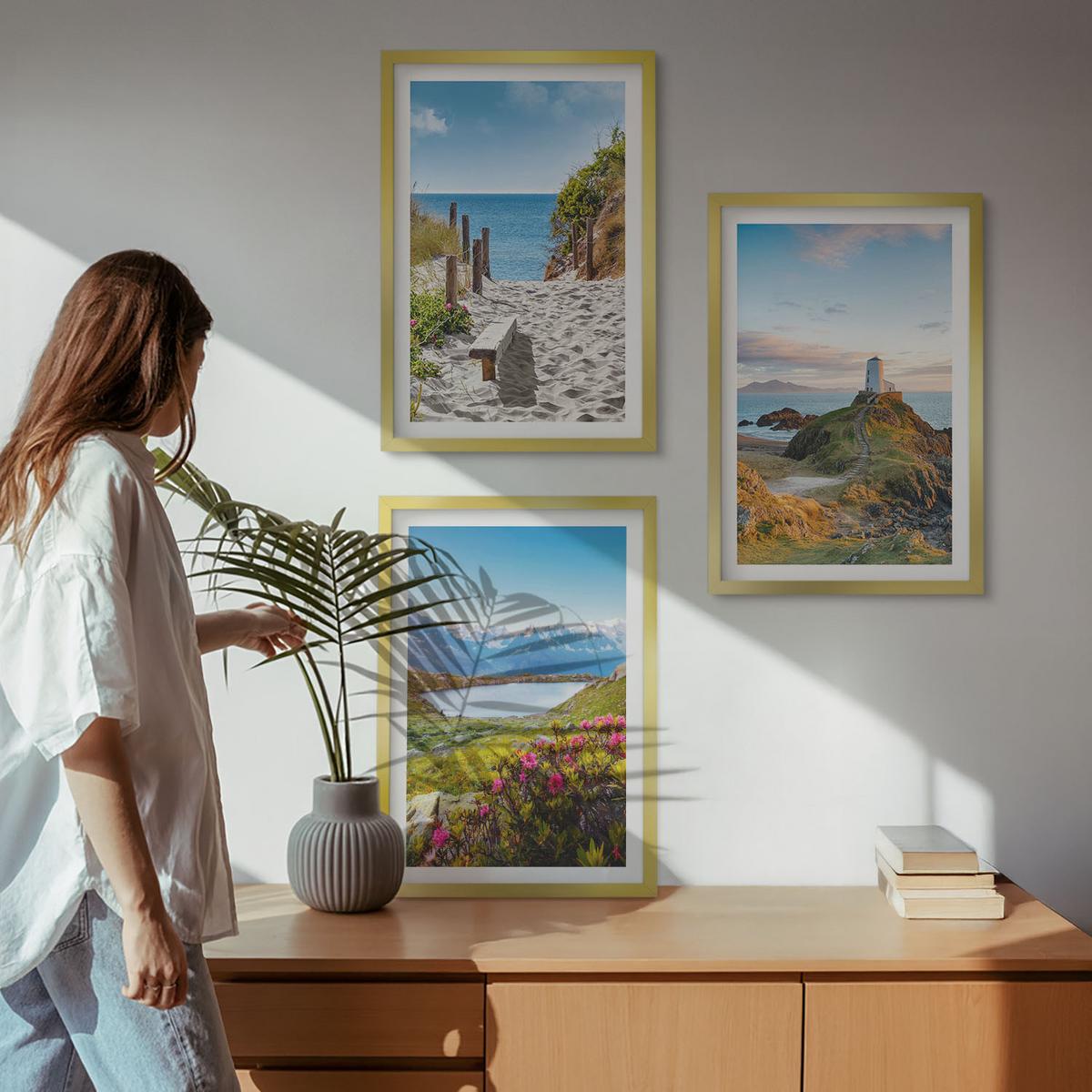 BILDER SET 3er Set - 40x60 cm Goldrahmen - Strand, Leuchtturm, Berge, Blumen - Goldfarben, Kunststoff (40/60cm) - TULUP