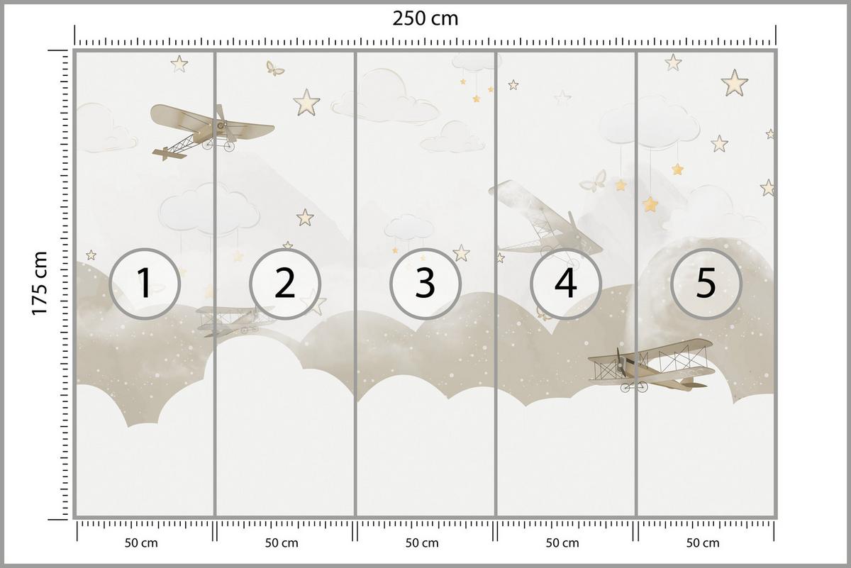 FOTOTAPETE für Kinderzimmer Flugzeuge Wolken Sterne Himmel 250x175 - Gelb/Beige, Papier (250/175cm) - Muralo