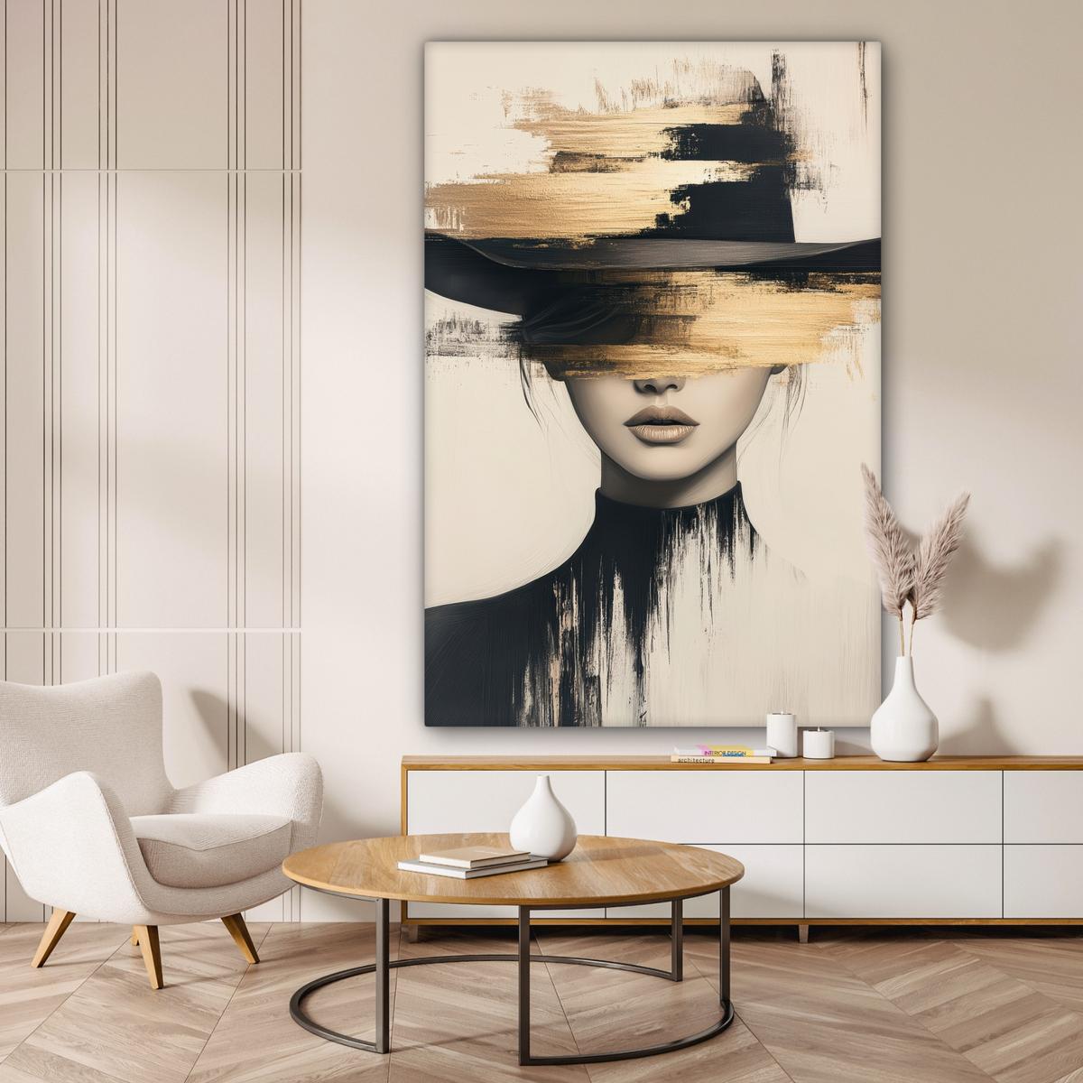 LEINWANDBILD Frau - Hut - Farbe Deko Groß 90x140 cm - Goldfarben, Textil (90/140cm) - MuchoWow