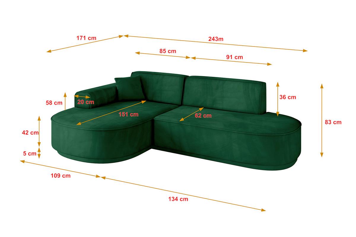 ECKSOFA Ottomane Links MARI-L1-v3 - 243x171x83 cm Dunkelgrün Velours - Dunkelgrün/Schwarz, Holzwerkstoff/Kunststoff (243/171cm) - ALTDECOR