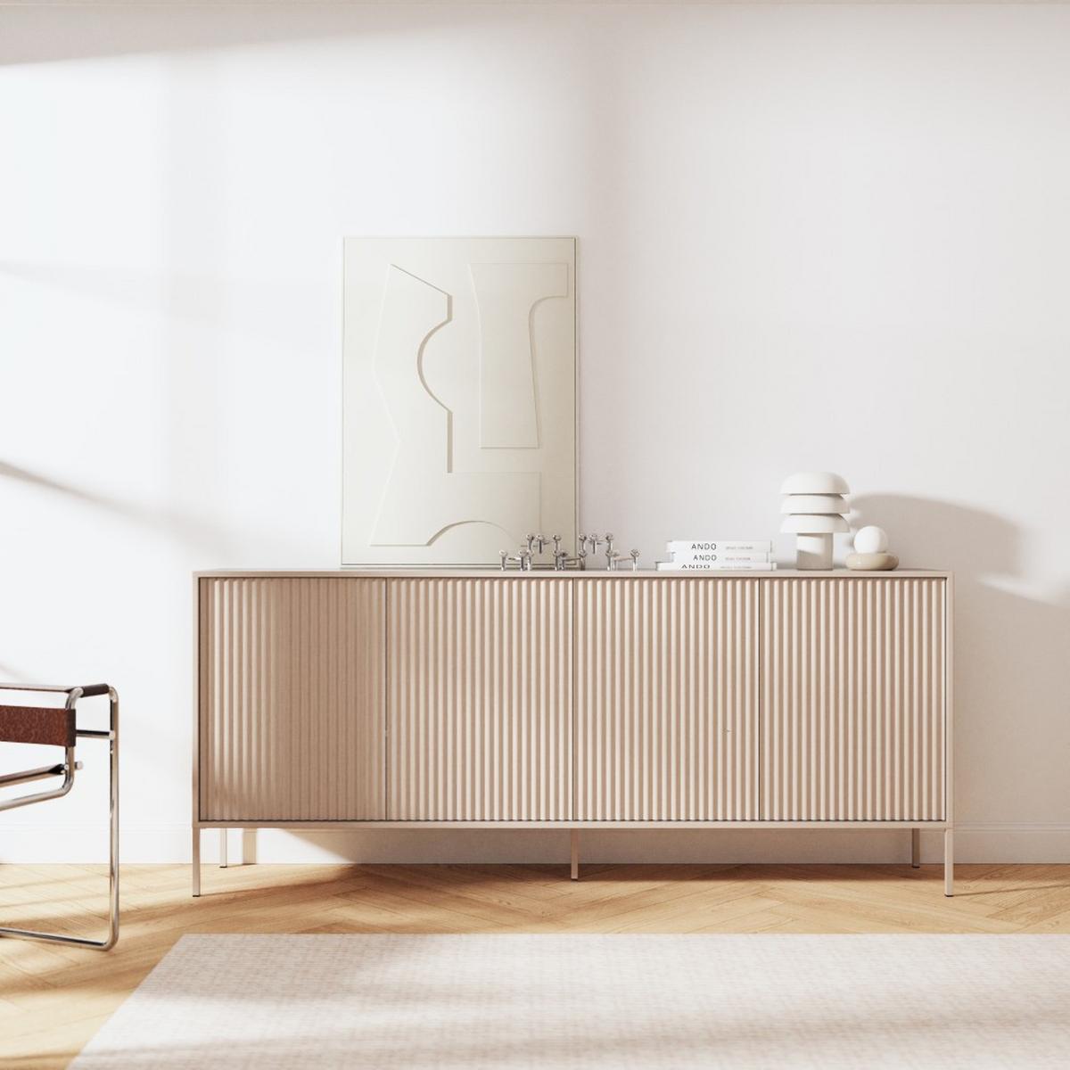 KOMMODE Noto mit 4 Türen und geriffelten Fronten, 200 cm - Kaschmir, Holzwerkstoff (204/38/87cm) - Beautysofa
