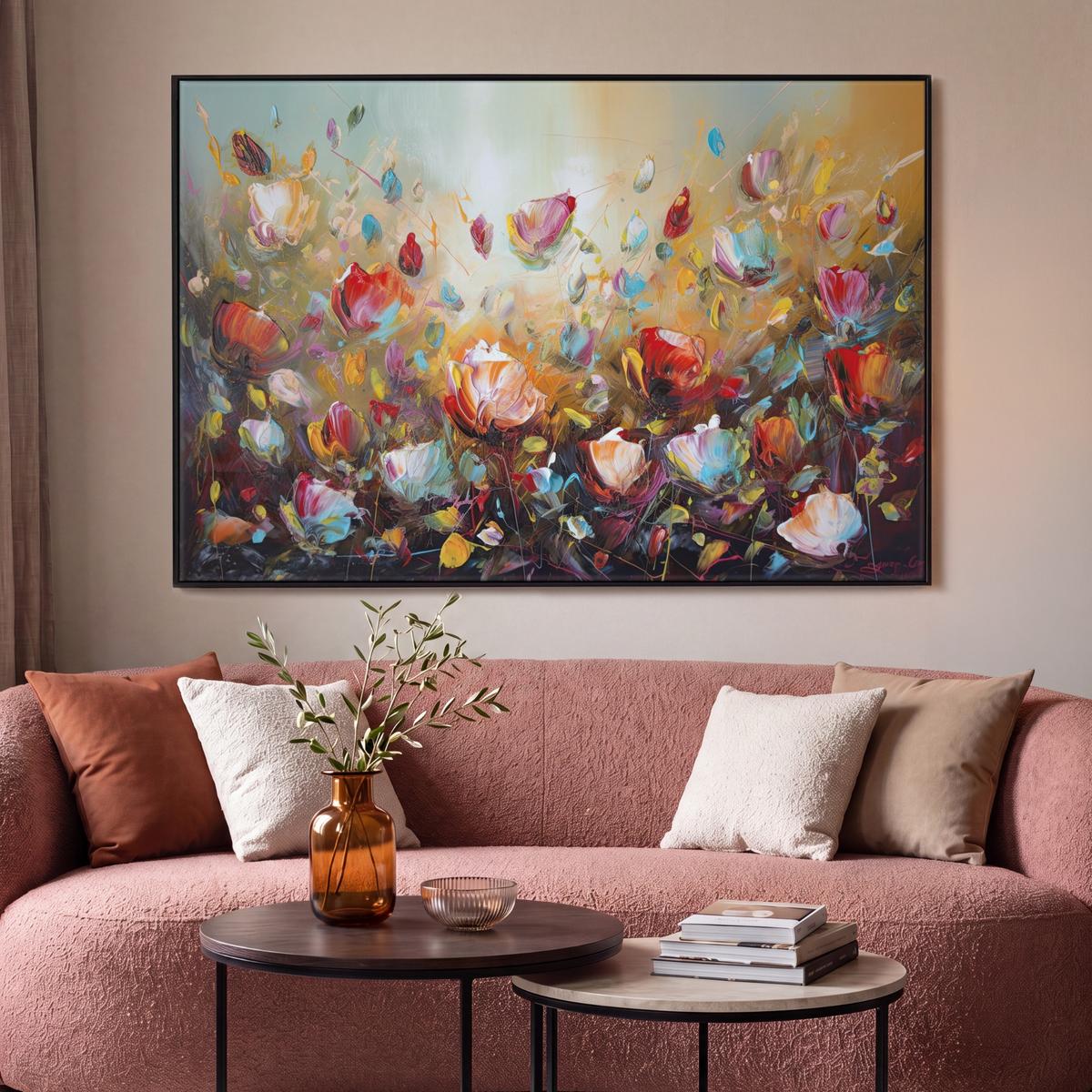 LEINWAND Bilder mit Rahmen - Blumen - Kunst - Natur - Ölgemälde - 140x90 - Multicolor, Textil (140/90cm) - MuchoWow