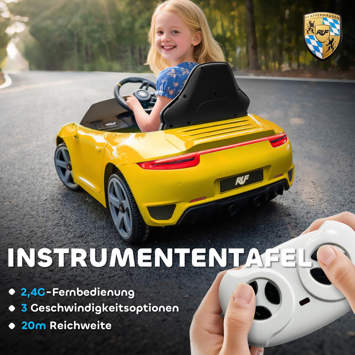 KINDER-ELEKTROAUTO 12V mit 2,4 GHz Fernbedienung, Softstart, Federungssystem - Gelb, Kunststoff (108/65.5/47cm) - AIYAPLAY