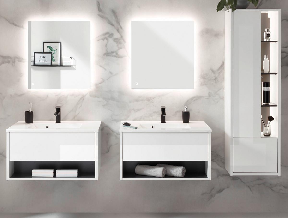 BADMÖBEL-SET weiß Hochglanz, grau 7-teilig, Komplettset mit Waschbecken und LED Beleuchtung - Weiß Hochglanz/Grau, Glas/Holzwerkstoff (225/190/47cm) - Furn.Design