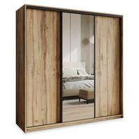SCHWEBETÜRENSCHRANK TAVI 180/205/60 cm 3-türig mit Spiegel und Schubladen Eiche Wotan - Eiche Wotan/Schwarz, Holzwerkstoff (180/205/60cm) - MASSENO