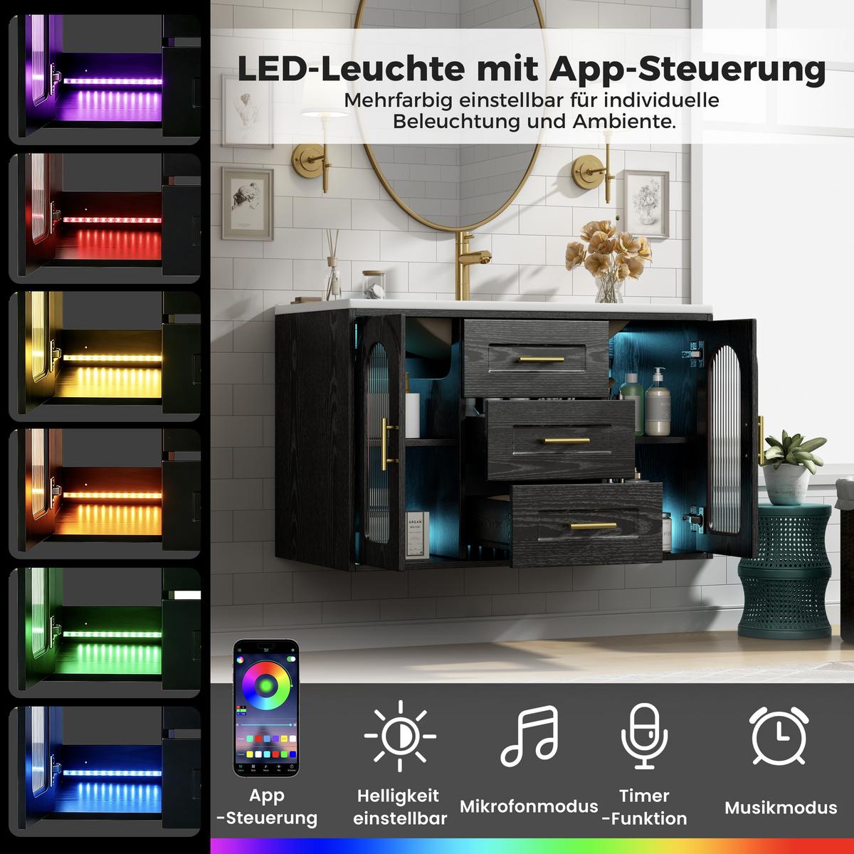 WASCHTISCHUNTERSCHRANK Wandhängend Schwarz mit LED, geriffeltem Glas & Schubladen - Schwarz, Holzwerkstoff (76/55/46cm) - Urban Meuble