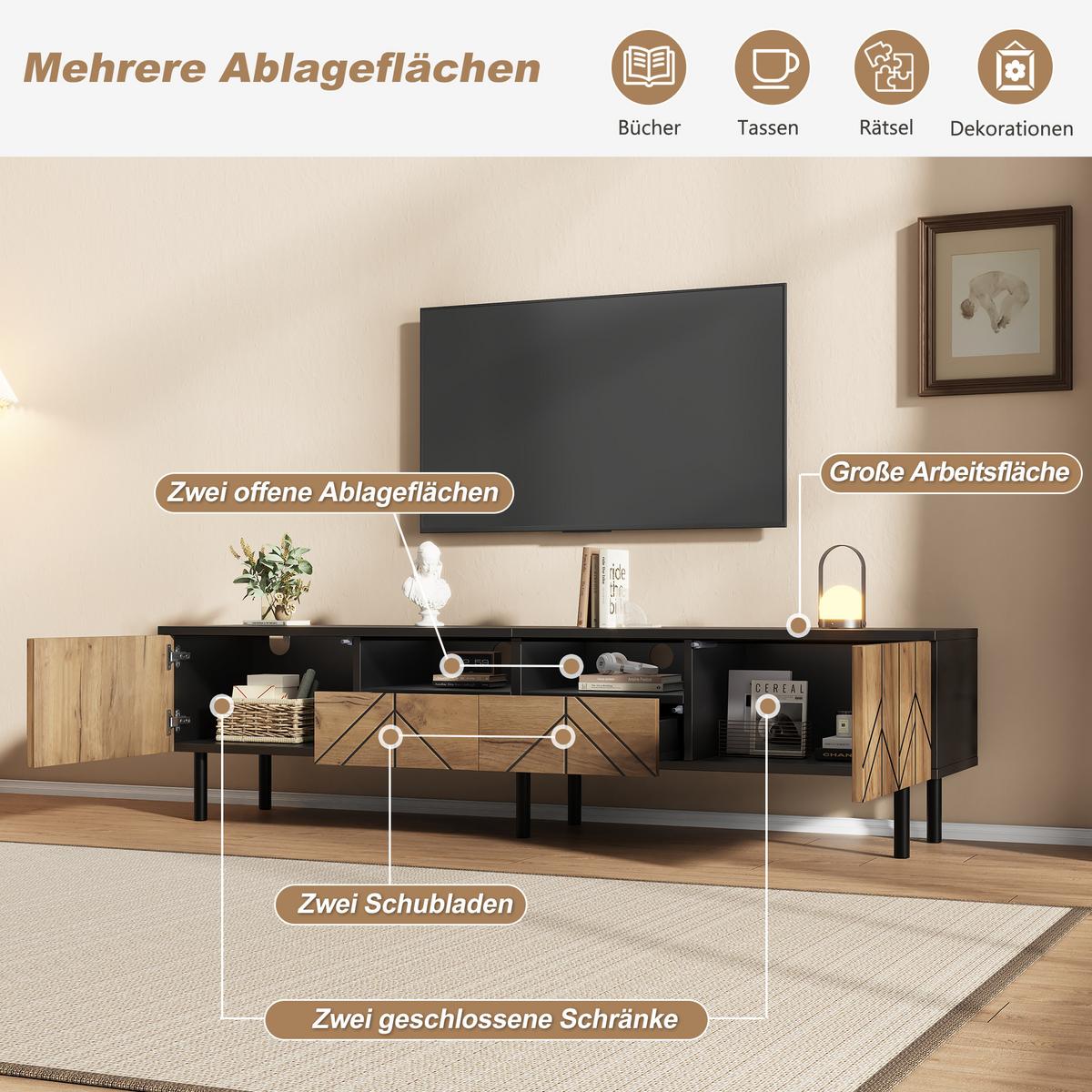 TV-LOWBOARD 180cm Schwarz & Holzoptik mit Türen & Schubladen - Naturfarben, Holzwerkstoff (180/45/40cm) - Urban Meuble