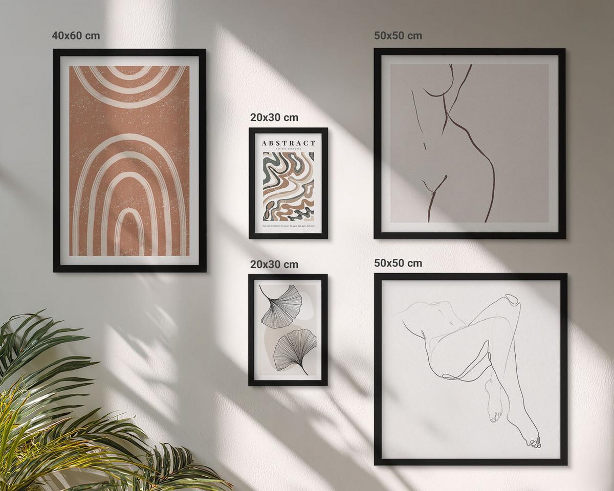 BILDER SET 5er Set - 50x50 cm & 20x30 cm & 40x60 cm Schwarzer Rahmen - Abstrakte Boho-Blattformen - Schwarz, Kunststoff (40/60cm) - TULUP