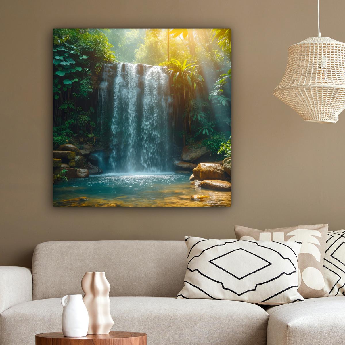 LEINWANDBILD Wasserfall - Dschungel - Sonne - Grün - Natur Deko Groß 90x90 cm - Grün, Textil (90/90cm) - MuchoWow