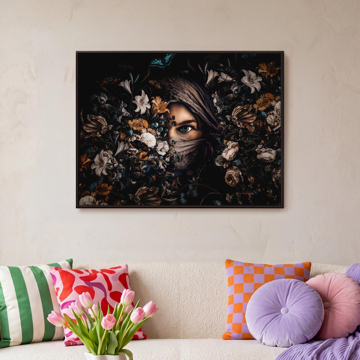 LEINWAND Bilder mit Rahmen - Frau - Luxus - Blumen - Schmetterling - Porträt - 80x60 - Schwarz, Textil (80/60cm) - MuchoWow