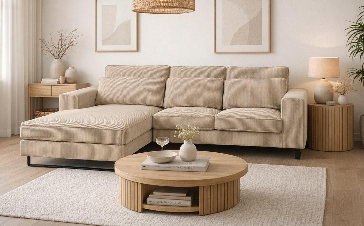 SOFA beige Cord 276 cm, Ecksofa 4-Sitzer, L-Sofa Ottomane links - Beige/Schwarz, Holz/Textil (276/183cm) - Inn.Furn
