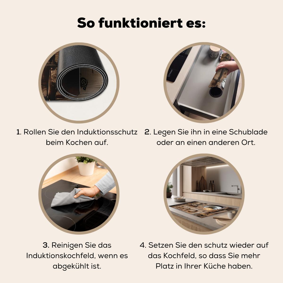 HERDABDECKPLATTE Cafe - Holz - Kaffee - Regale Induktionsmatte 83x51 cm - Schwarz, Kunststoff (83/51.5/0.2cm) - MuchoWow