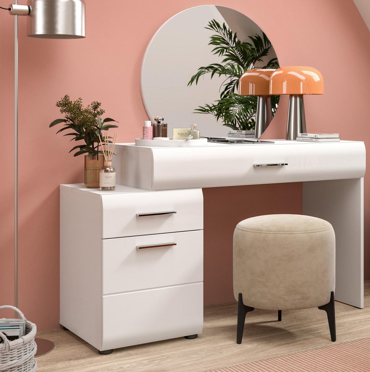 SCHMINKTISCH weiß Hochglanz 120 cm, Kosmetiktisch mit Spiegel - Weiß Hochglanz/Silberfarben, Glas/Holzwerkstoff (120/138/47cm) - Inn.Furn