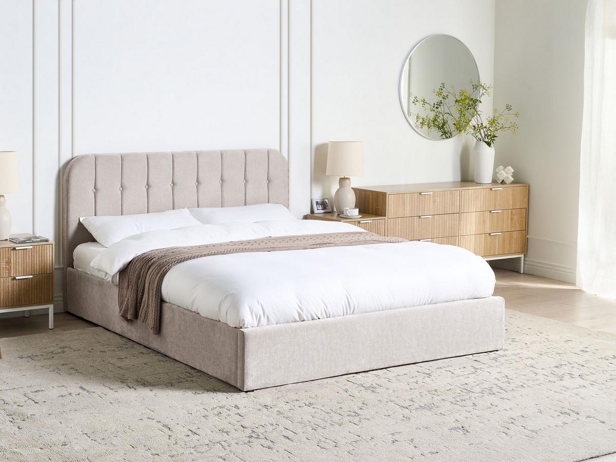 BETT mit Stauraum 160/200 cm Chenillegewebe Taupe Challans - Taupe, Textil (160/200cm) - Beliani