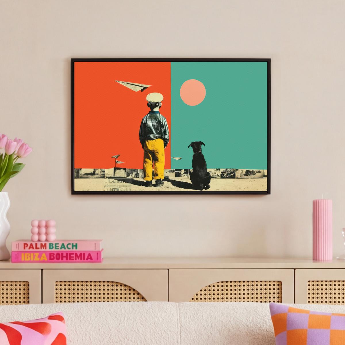 LEINWAND Bilder mit Rahmen - Retro - Junge - Hund - Rot - Grün - 60x40 - Orange, Textil (60/40cm) - MuchoWow