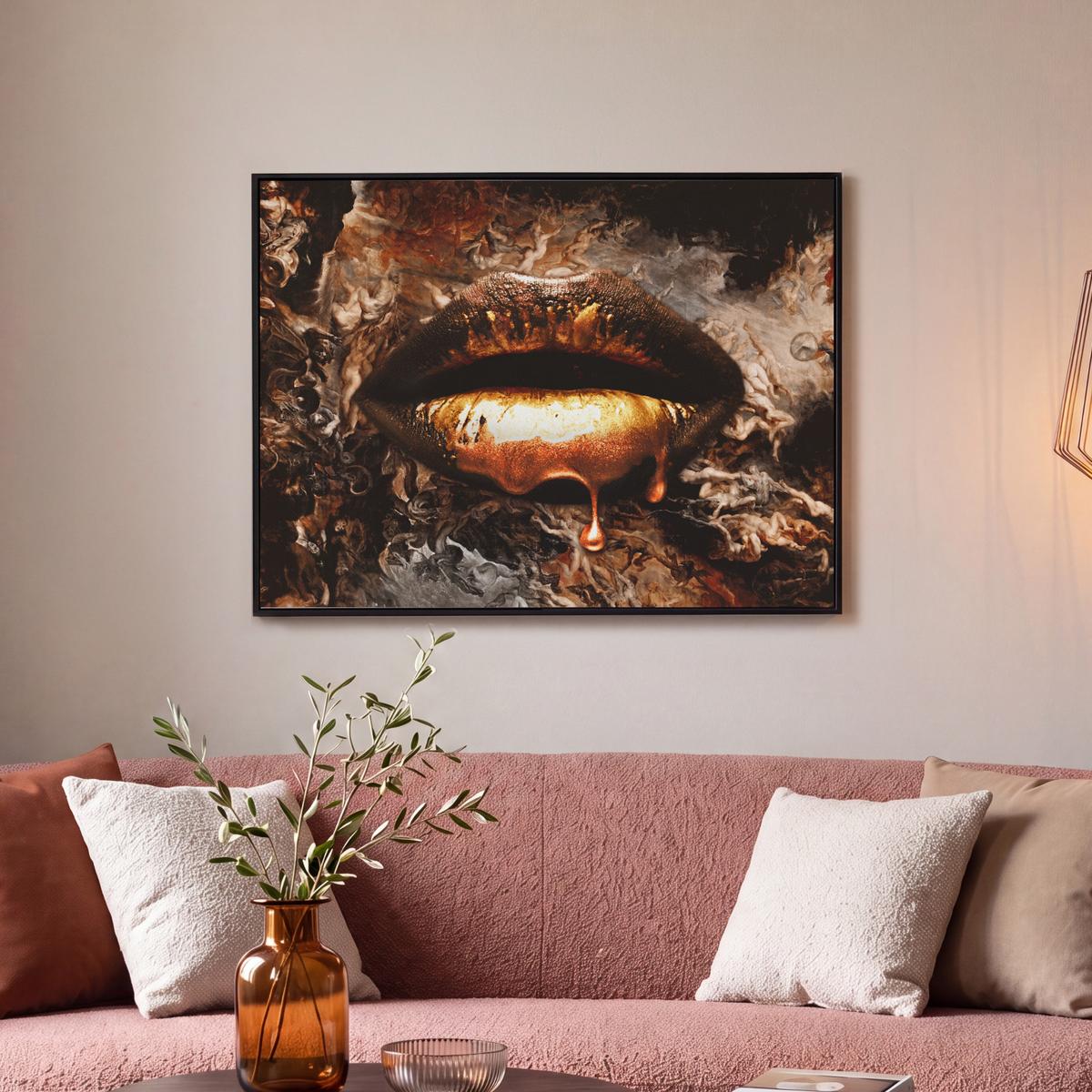 LEINWAND Bilder mit Rahmen - Gold - Lippen - Kunst - Gold - Luxus - Abstrakt - 70x50 - Kupferfarben, Textil (70/50cm) - MuchoWow