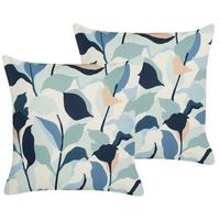 GARTENKISSEN 2er-Set Blattmotiv blau/weiß 45/45 cm Veglino - Dunkelblau, Textil (45/45cm) - Beliani