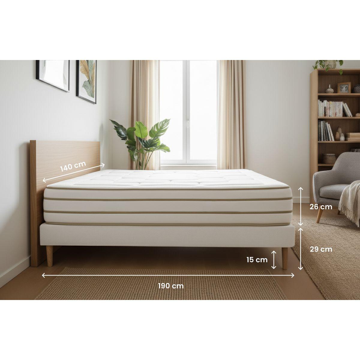 BETT Le Douillet Memory-Schaum 140 x 190 cm h1 - Kit Bettgestell Beige - Mit Kissen und Bettdecke - Beige, Karton/Holz (140/190cm) - Marmottes & Co