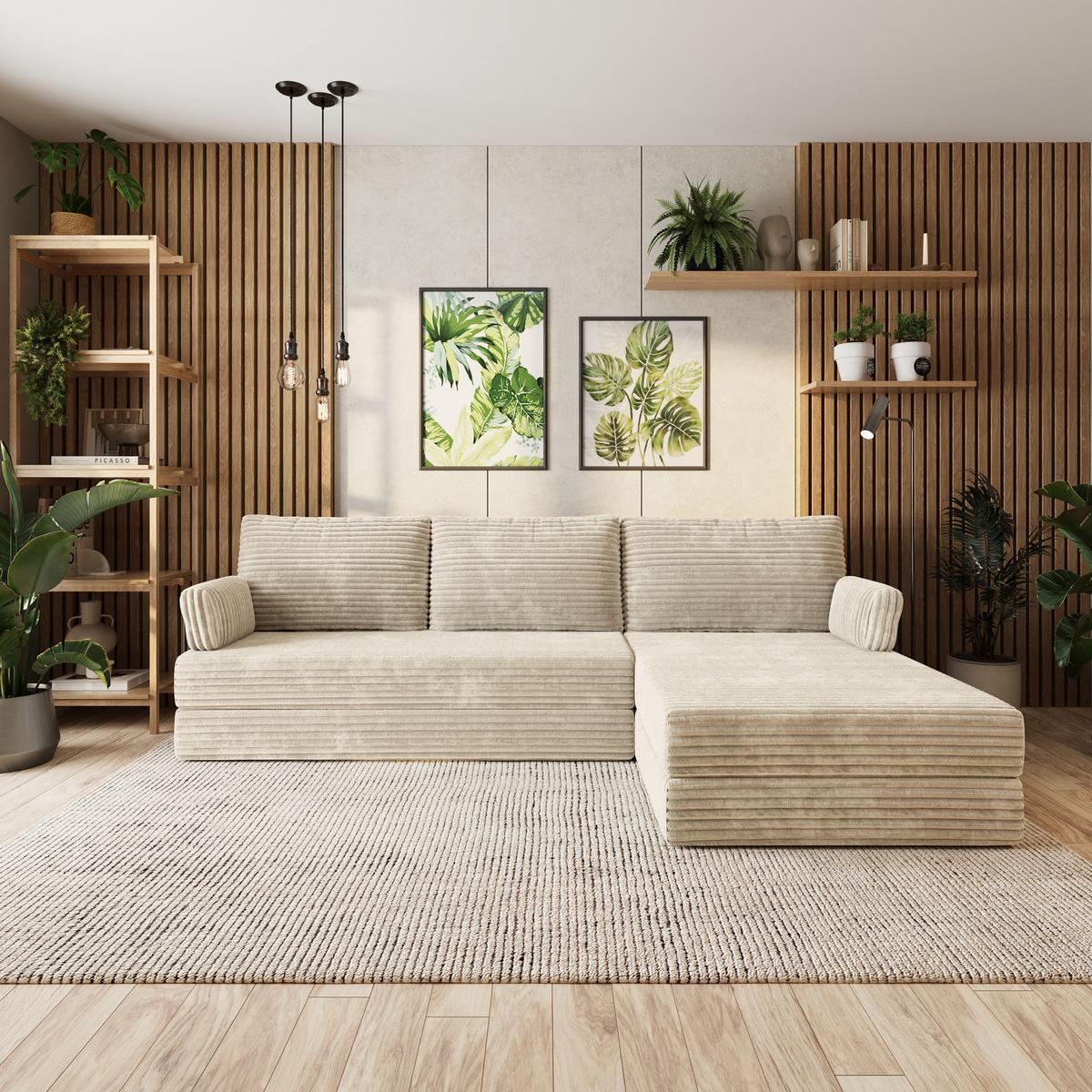 ECKSOFA ANKO modulares Boneless Sofa mit Schlaffunktion Creme Kordstoff - Creme, Textil (270/160cm) - MASSENO