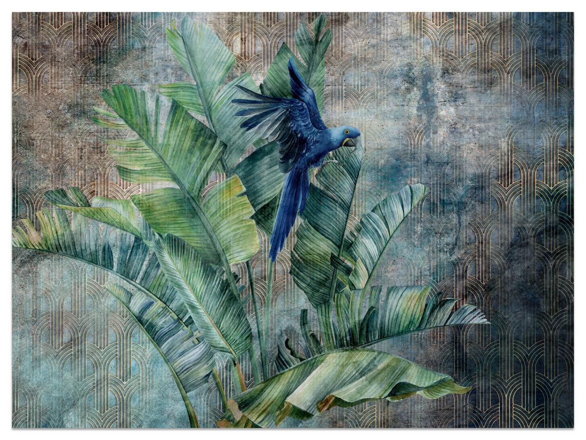 FOTOTAPETE für Wohnzimmer Retro Papuga Tropische Blätter 500x350 - Blau/Braun, Papier (500/350cm) - Muralo