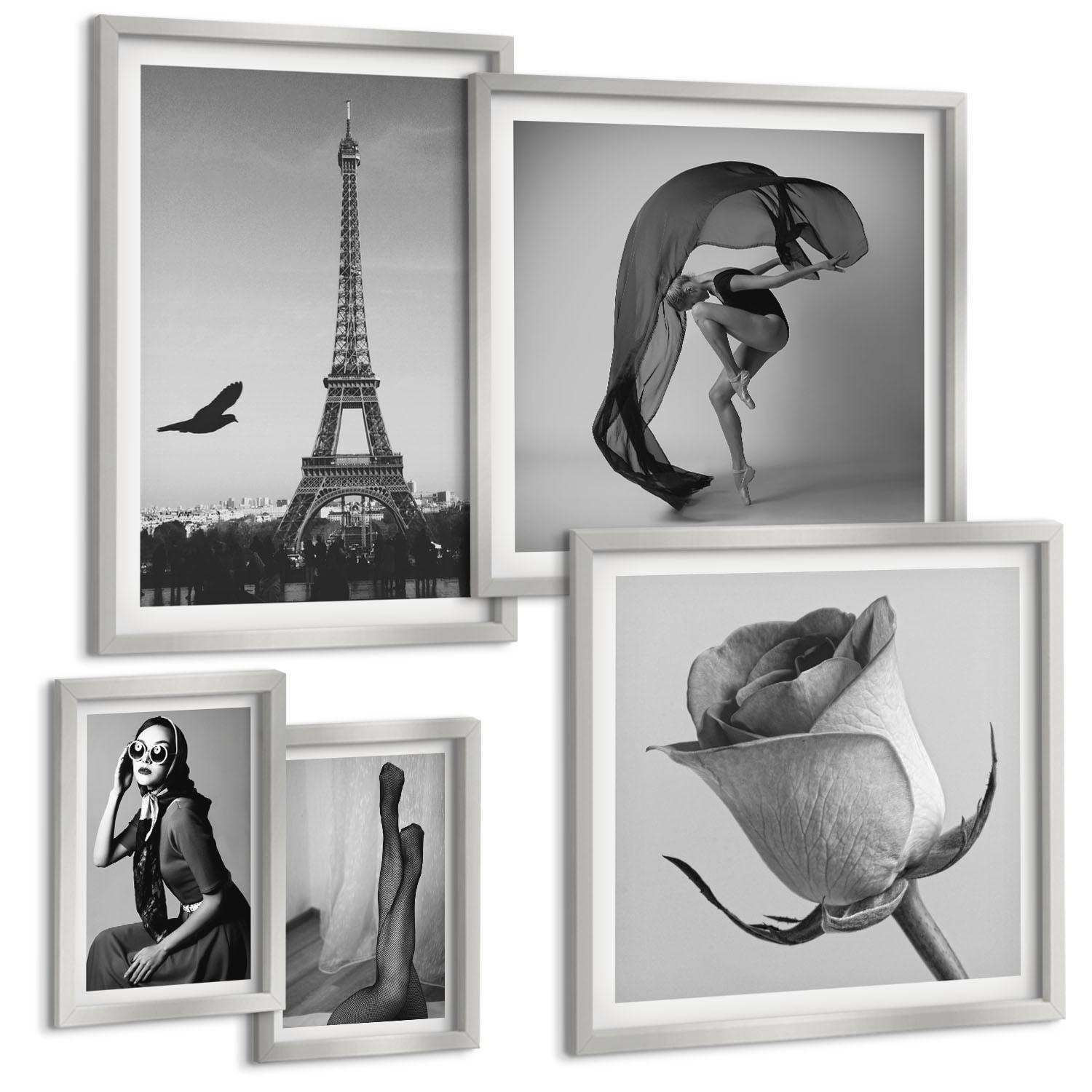 BILDER SET 5er Set - 50x50 cm & 20x30 cm & 40x60 cm Silberner Rahmen - Stilvolle Porträts eleganter Frauen - Silberfarben, Kunststoff (40/60cm) - TULUP