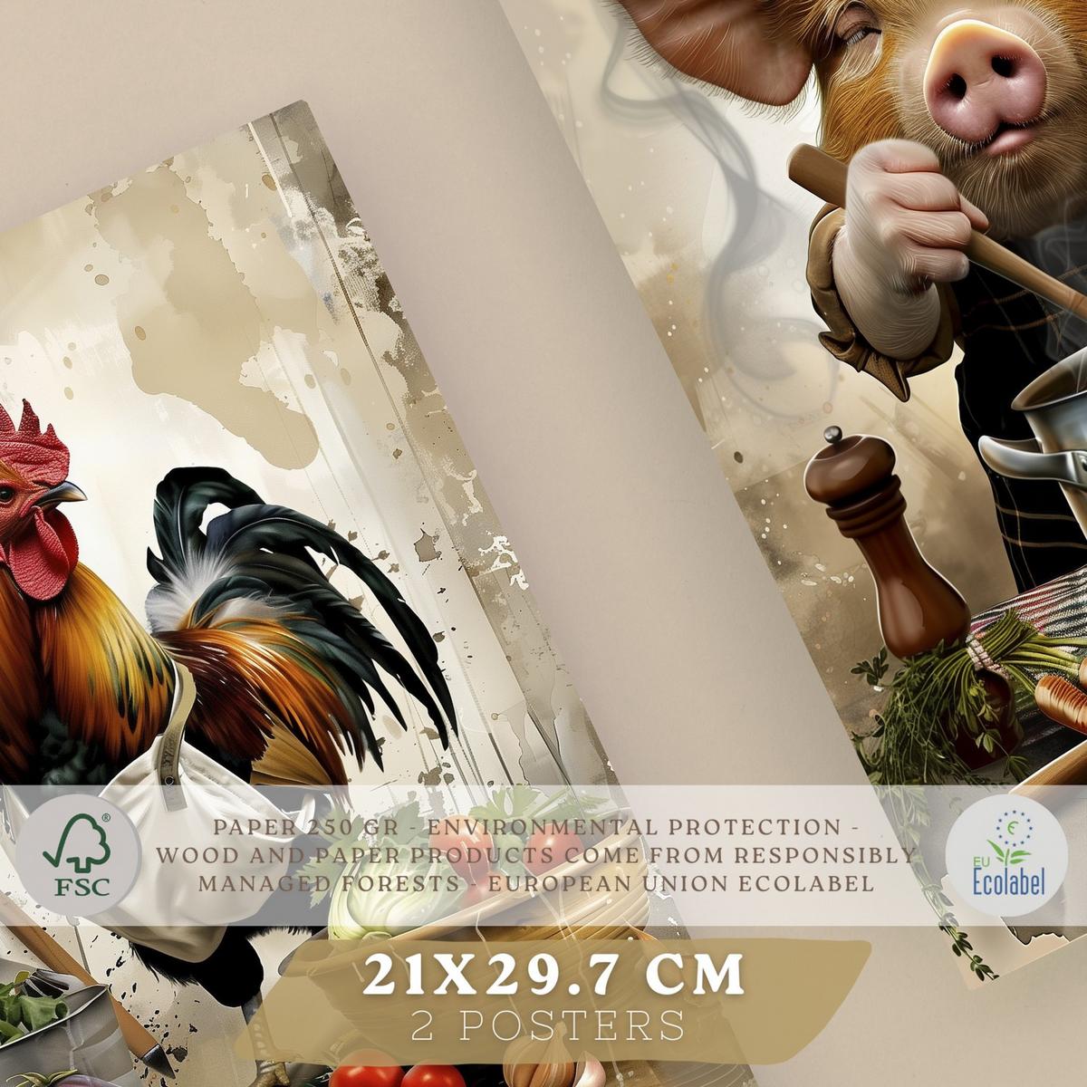 POSTER 2er Set Küchen-Wandbilder Hahn und Schwein Koch Aquarell Illustration Esszimmer Wanddeko Rahmenlos A4 - Klar, Papier (29.7/1/21cm) - Nacnic