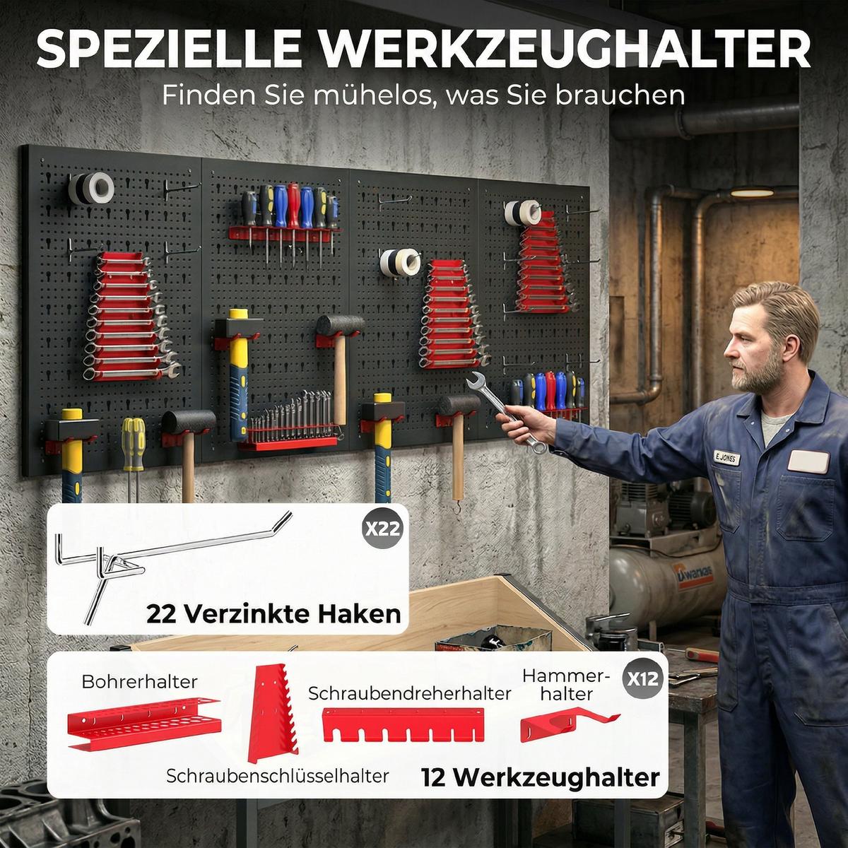 WERKZEUGWAND 38er Set Stahl Schwarz Rot - Schwarz, Metall (40/2/60cm) - HOMCOM