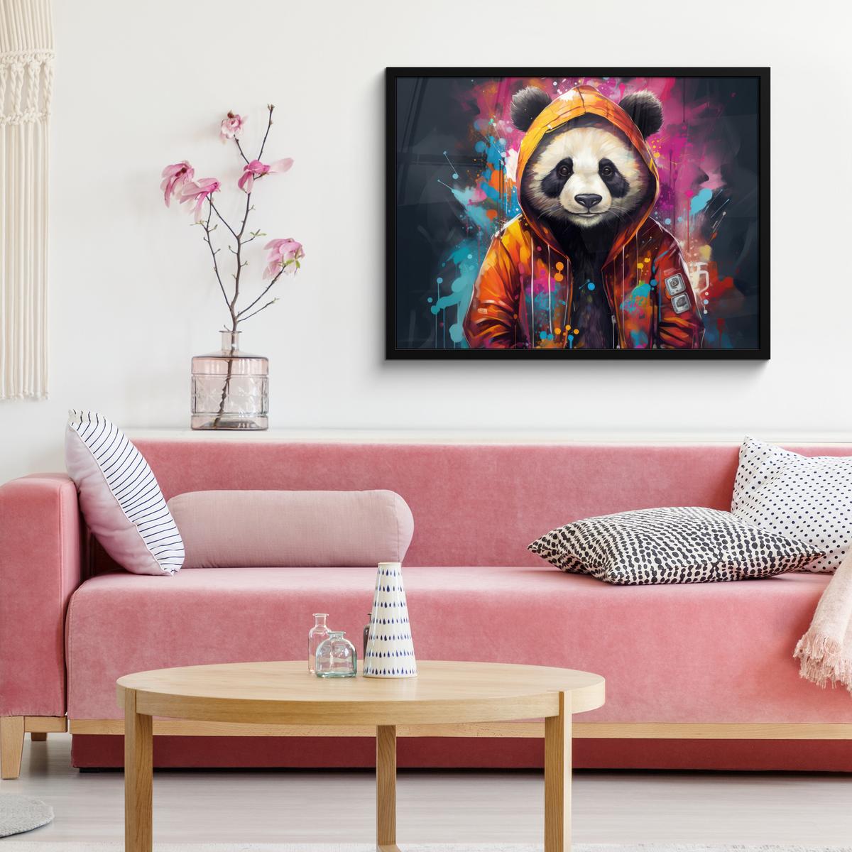 POSTER MIT RAHMENGERAHMTES BILD Panda - Jacke - Graffiti - Orange 80x60 cm - Orange, Papier (80/60cm) - MuchoWow