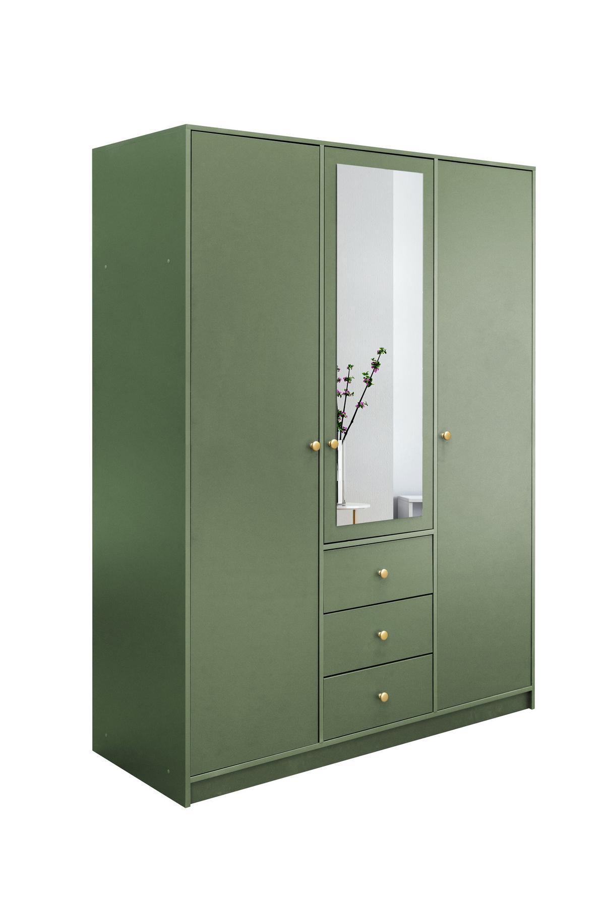 DREHTÜRENSCHRANK GALIO 149/200/57,5 cm 3-türig mit Spiegel Grün - Grün, Holzwerkstoff (149/200/57.5cm) - MASSENO