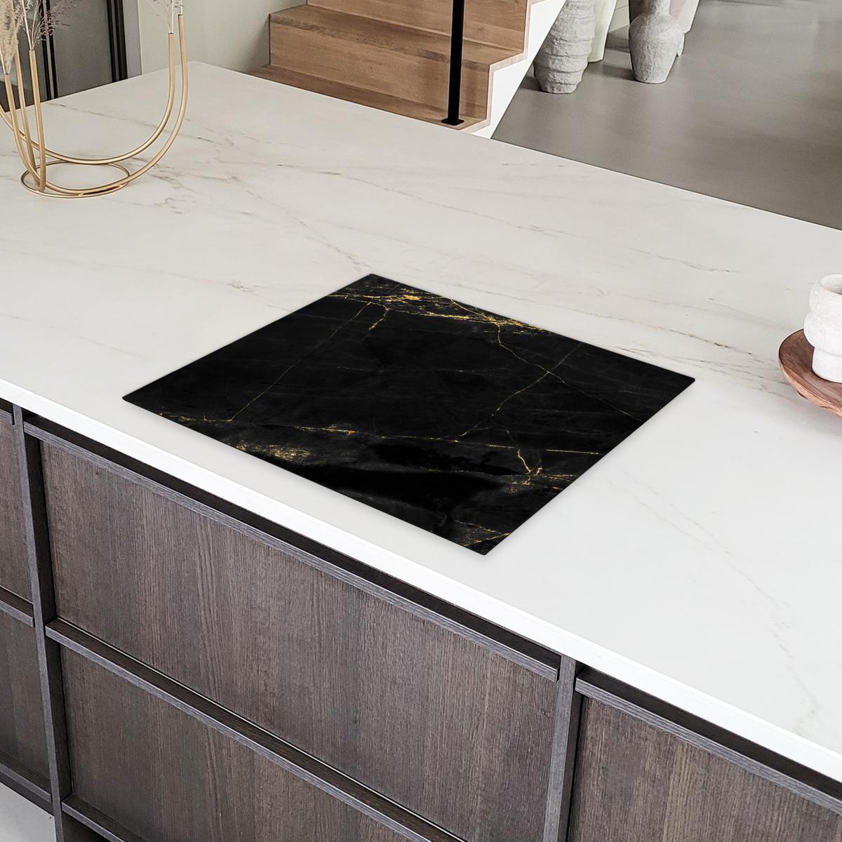 HERDABDECKPLATTE Marmor - Schwarz - Gold - Chic - Marmoroptik - Design Herdabdeckung Induktionsfeld 65x52 cm - Schwarz, Kunststoff (65/52/0.2cm) - MuchoWow