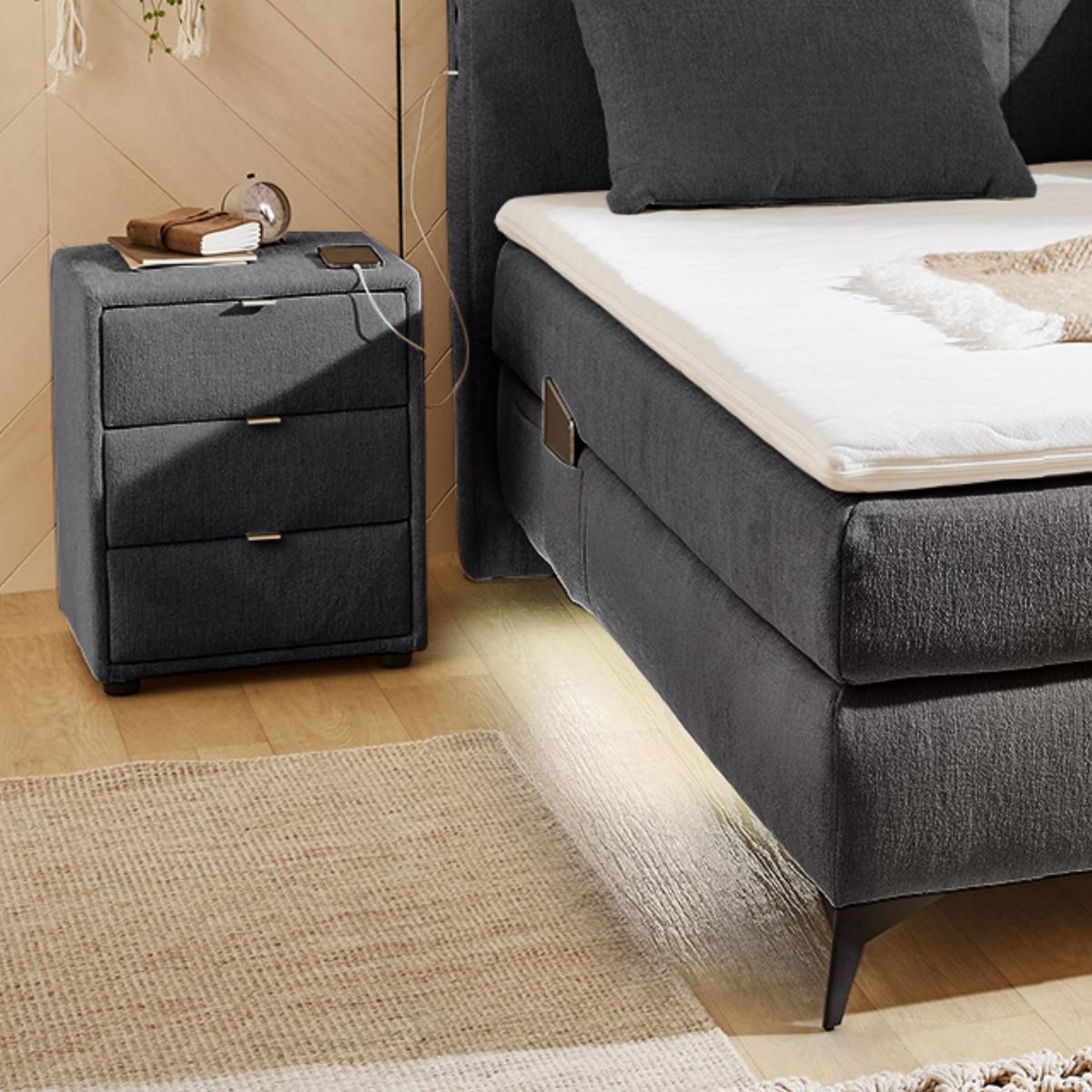 BOXSPRINGBETT 160x200 cm, 7-Zonen-Tonnentaschen-Federkernmatratzen H3, Topper, Bonell-Federkern, Beleuchtung,USB-Ladeports, Chenille Dunkelgrau /20042 - Dunkelgrau/Schwarz, Textil/Metall (160/200cm) - luma-home