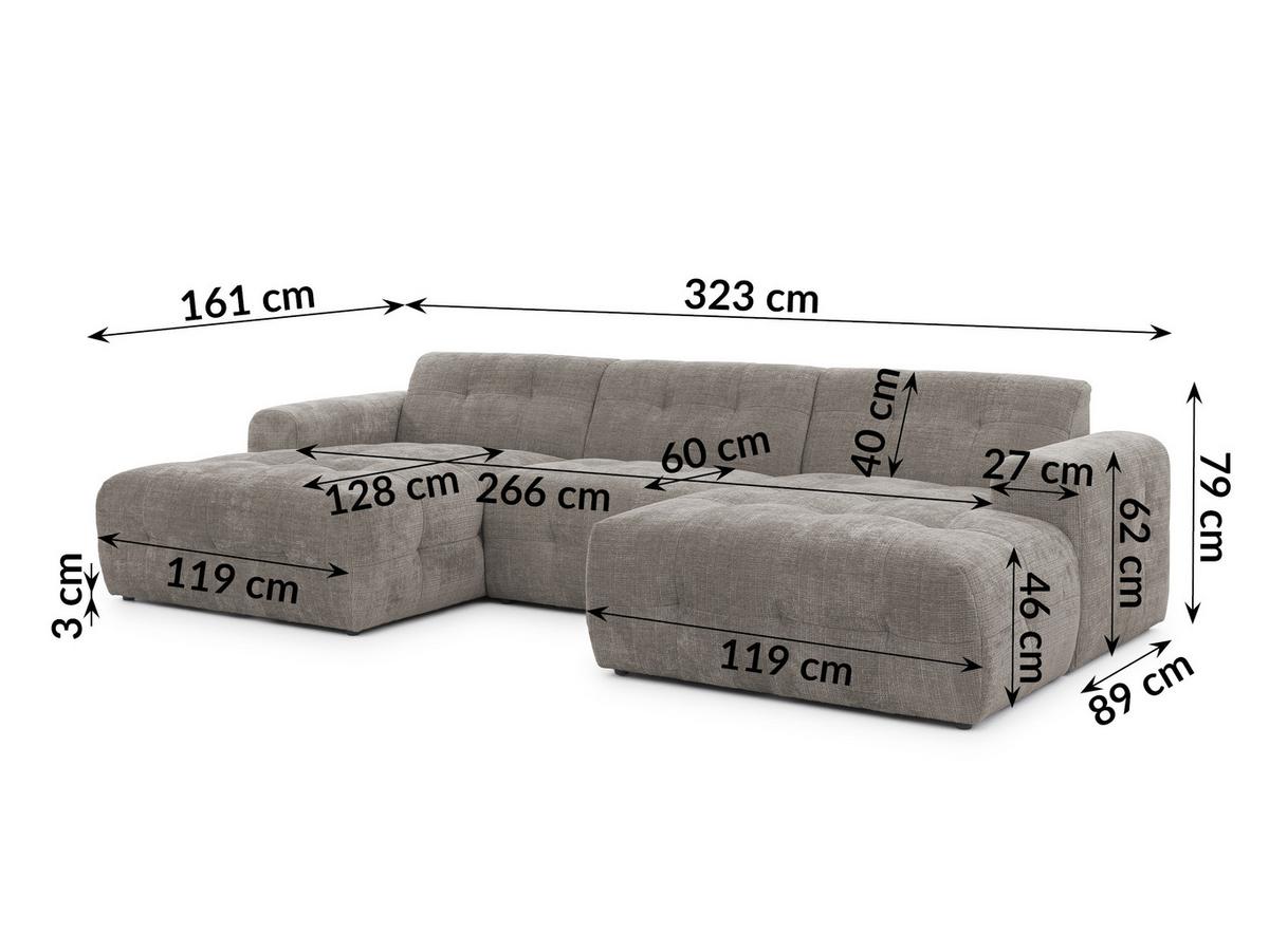 WOHNLANDSCHAFT inkl. Hocker Kozy im Bumpy-Design mit Schlaffunktion und fester Rückenlehne aus weichem Taupe Chenille-Stoff - Taupe/Schwarz, Holz/Kunststoff (323/79/161cm) - S-Style