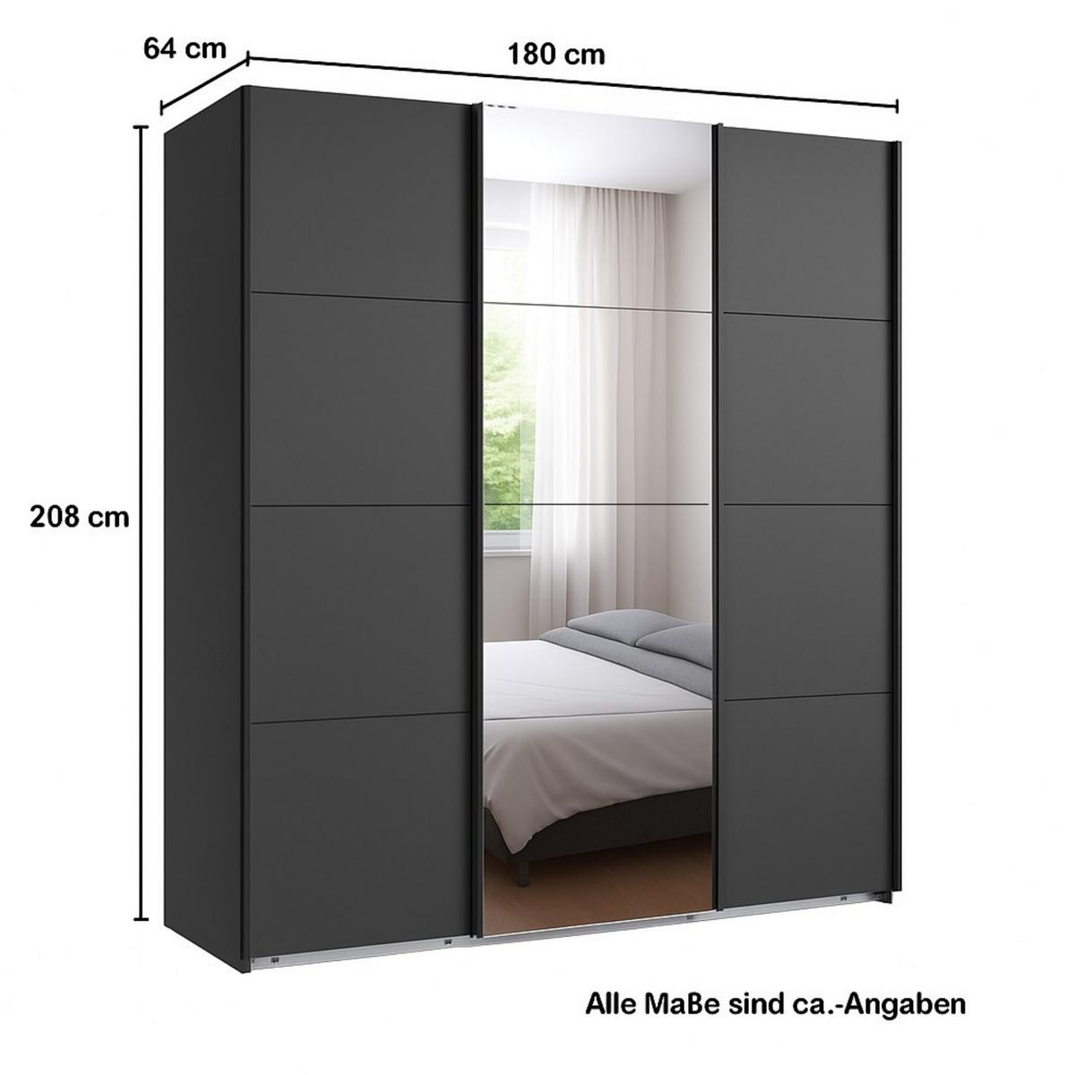 SCHWEBETÜRENSCHRANK 3-türig B180/H208/T64 cm in Grafit, Kleiderschrank mit einer Spiegeltür / 22512 - Graphitfarben/Weiß, Holzwerkstoff/Metall (180/208/64cm) - luma-home