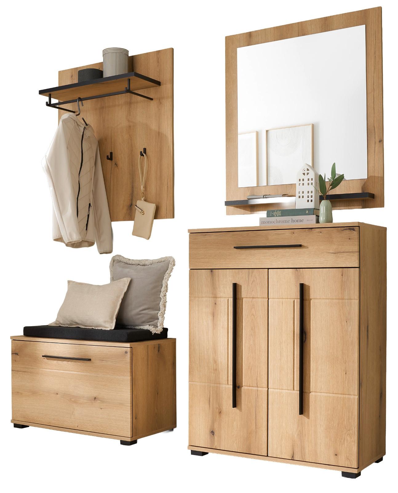 GARDEROBEN-SET Evoke Eiche 5-teilig 170 cm, Flurgarderobe mit Soft-Close - Dunkelgrau/Eichefarben, Glas/Holzwerkstoff (170/200/40cm) - Furn.Design