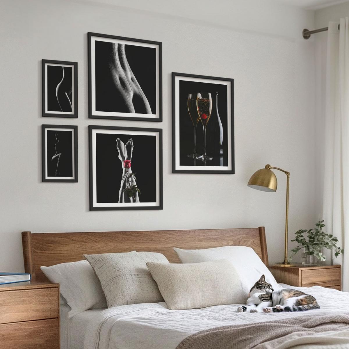 BILDER SET 5er Set - 50x50 cm & 20x30 cm & 40x60 cm Schwarzer Rahmen - Schwarze und weiße weibliche Formen - Schwarz, Kunststoff (40/60cm) - TULUP