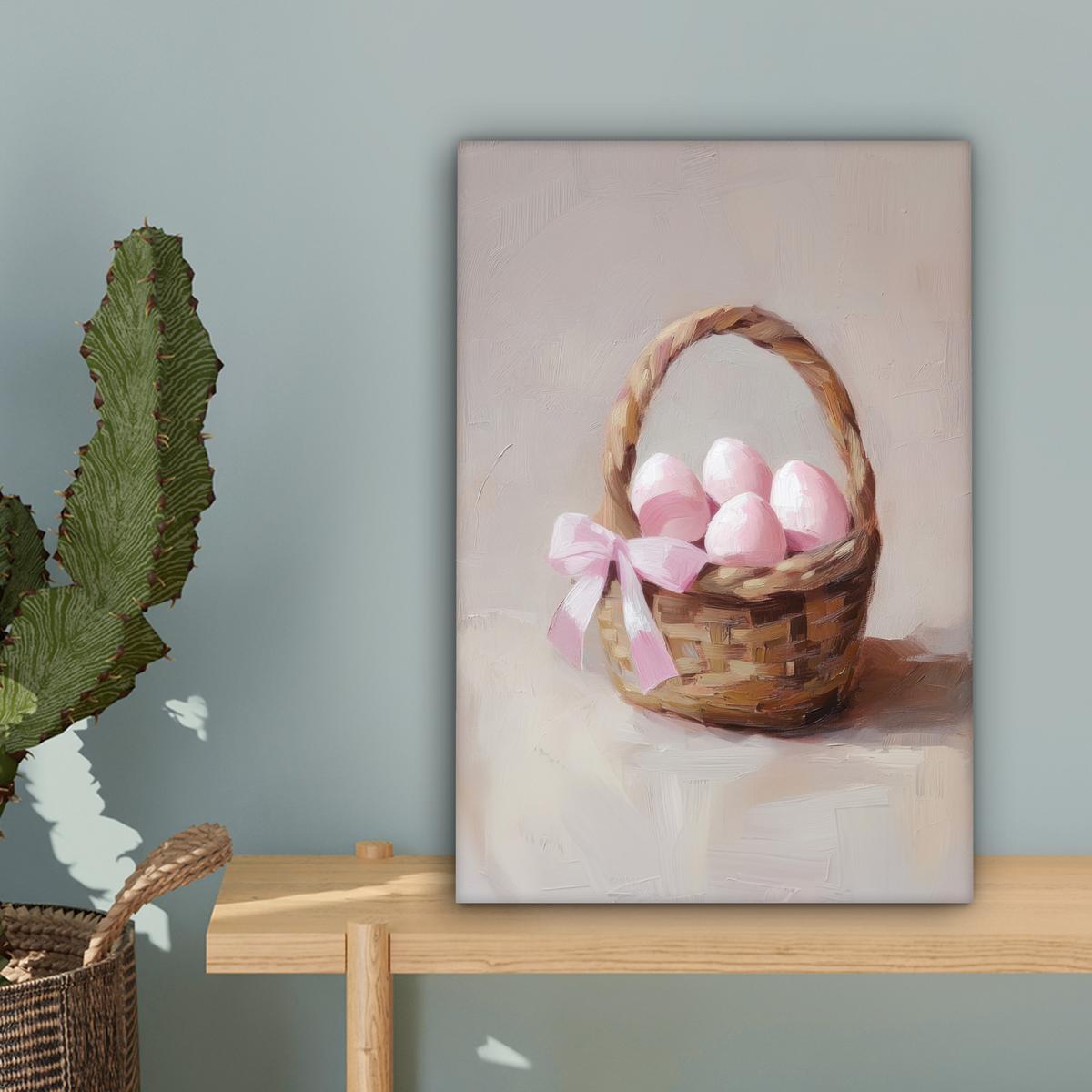 LEINWANDBILD Korb - Eier - Rosa Deko Wohnzimmer 20x30 cm - Beige, Textil (20/30cm) - MuchoWow